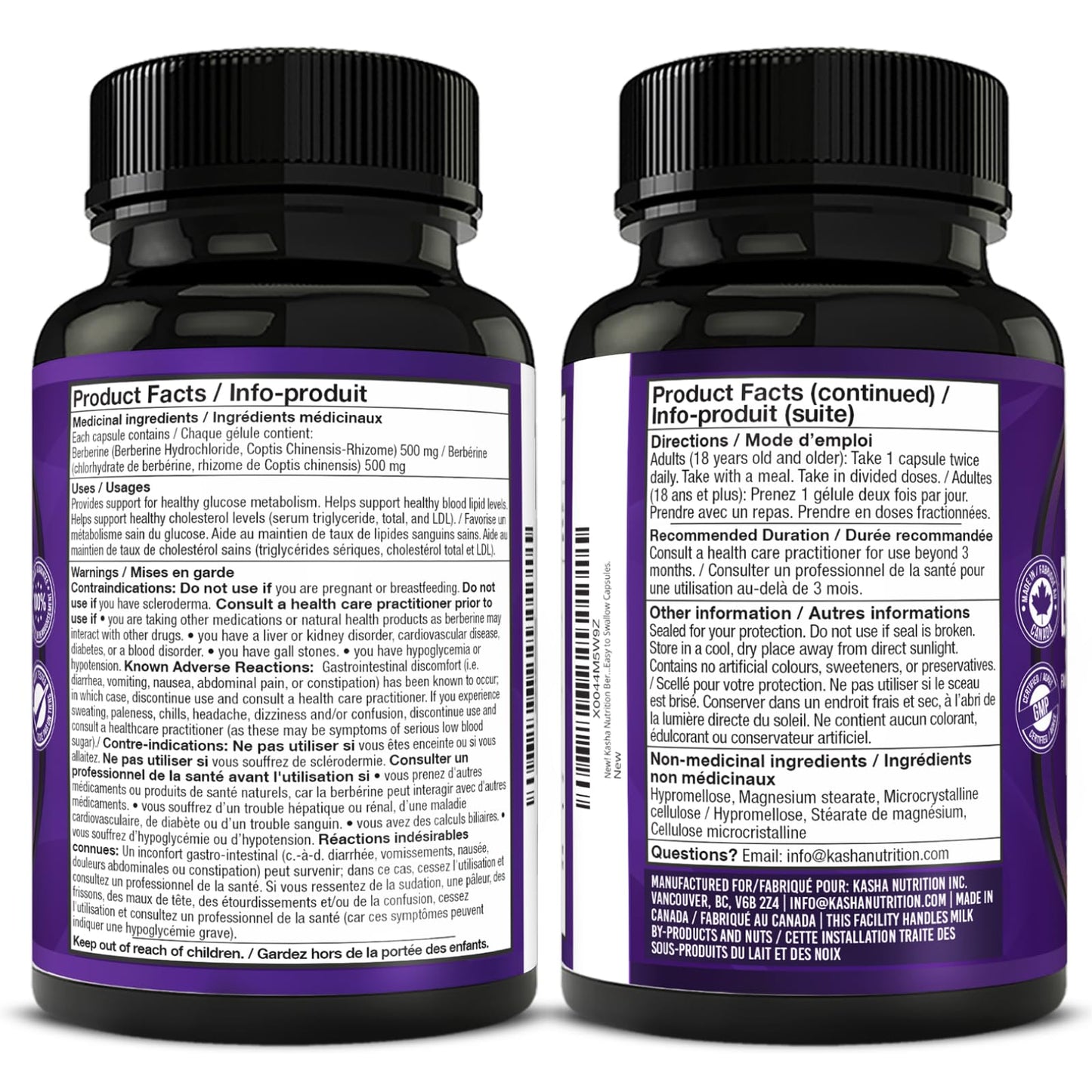 Maximum Strength Berberine Supplement 1000 mg Per Serving (500mg Per Capsule). Supports Healthy Glucose (Blood Sugar) and Lipid (Fats) Metabolism. Non-GMO, Vegan, Gluten-free. Bulk 120 Capsules. Proudly Canadian. Easy to Swallow. Kasha Nutrition