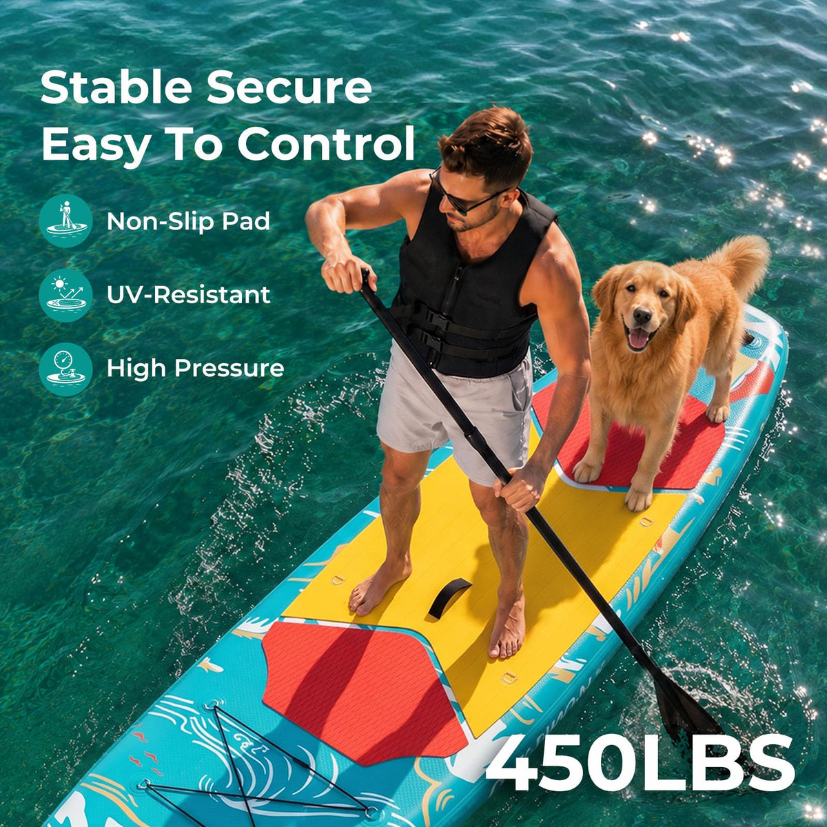 Overmont Inflatable Paddle Board 10'7" x 33" x 6", Extra Wide SUP for Adults & Beginners, 350 lb Stand Up Paddle Board with Adjustable Paddle, Pump, 3 Fins, Leash, Backpack & Repair Kit 🍁 All In One Marketplace Canada