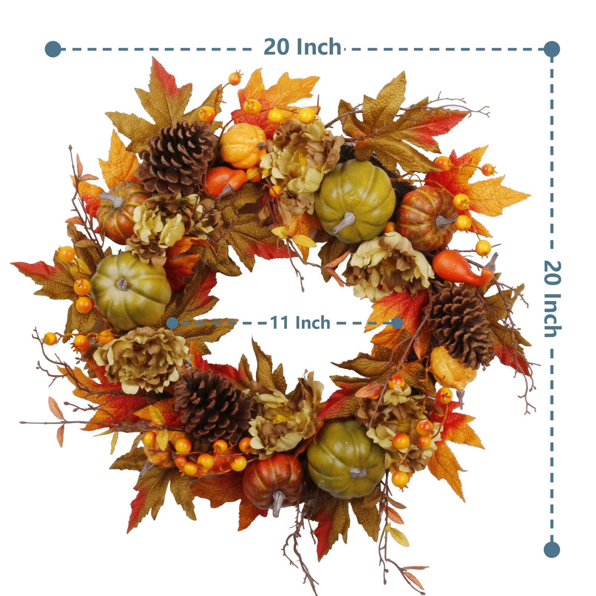 SOFTFLAME 20" Fall Wreath for Front Door, Autumn Artificial Wreath with Pumpkin, Pine Cone, Maple Leaves, Berries, Gift Ideal for Halloween Thanksgiving Home Decoration