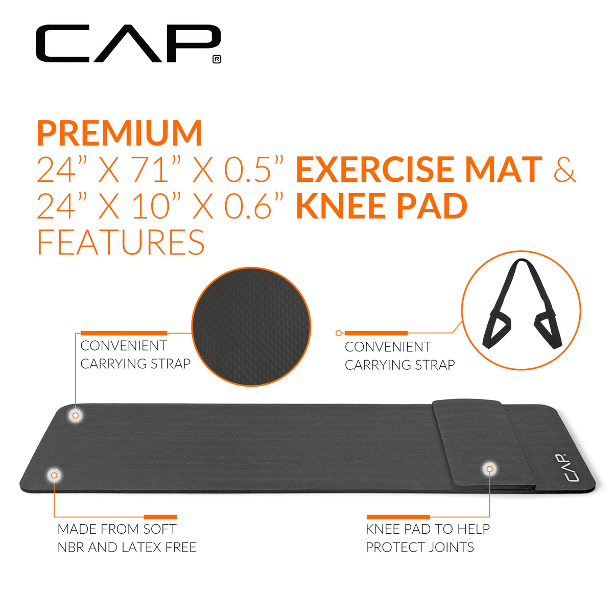 CAP Barbell Yoga Mat 1/2" Thick with Carrying Strap & Knee Pad - High Density Exercise Mat for Yoga, Pilates, Stretching, Floor & Fitness Workouts - 71''x24''x1/2" | Black 🍁 All In One Marketplace Canada