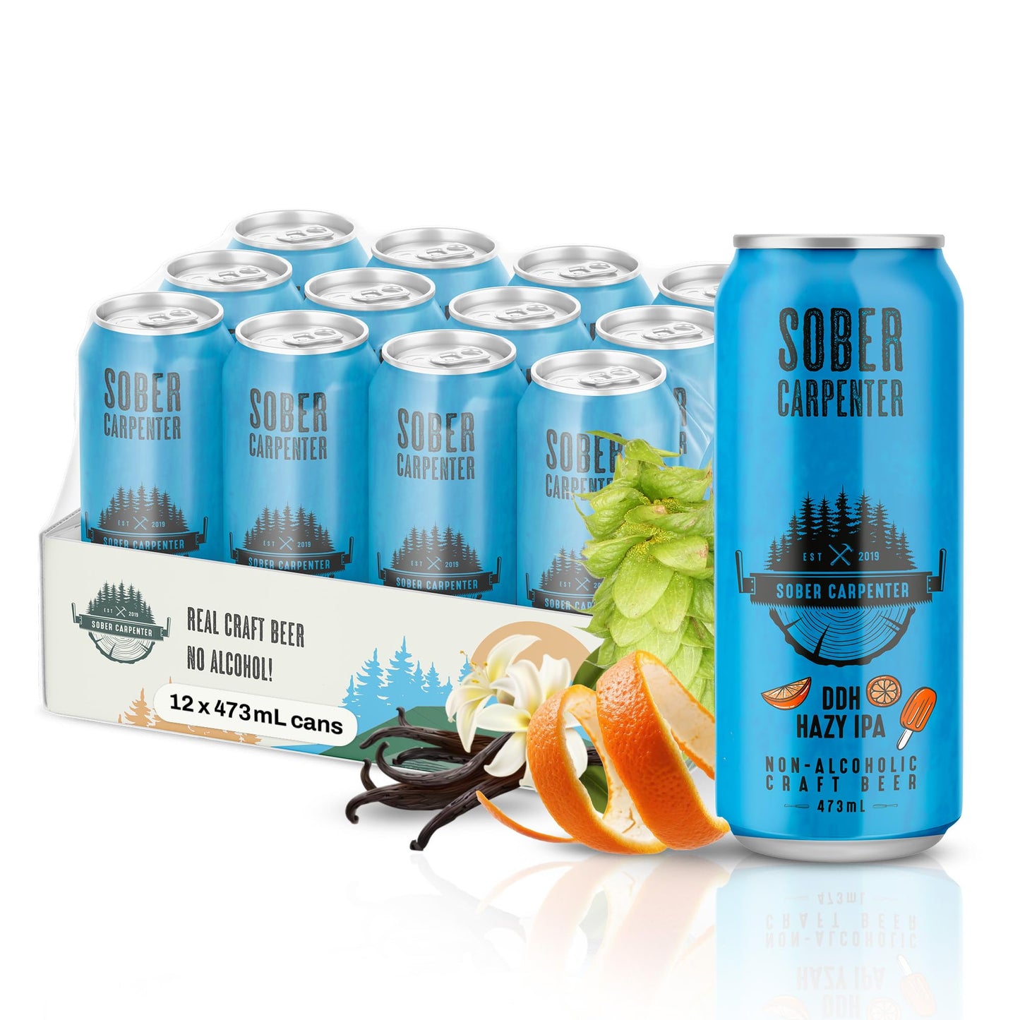 SOBER CARPENTER - DDH Hazy IPA Beer (Craft), All-Occasion Non Alcoholic Beer (with Lactose), Non Alcoholic Spirits & Alcohol Alternative, Low Calorie Drink with 70 Calories, Pack of 12 (16 oz Ea) 🍁 All In One Marketplace Canada