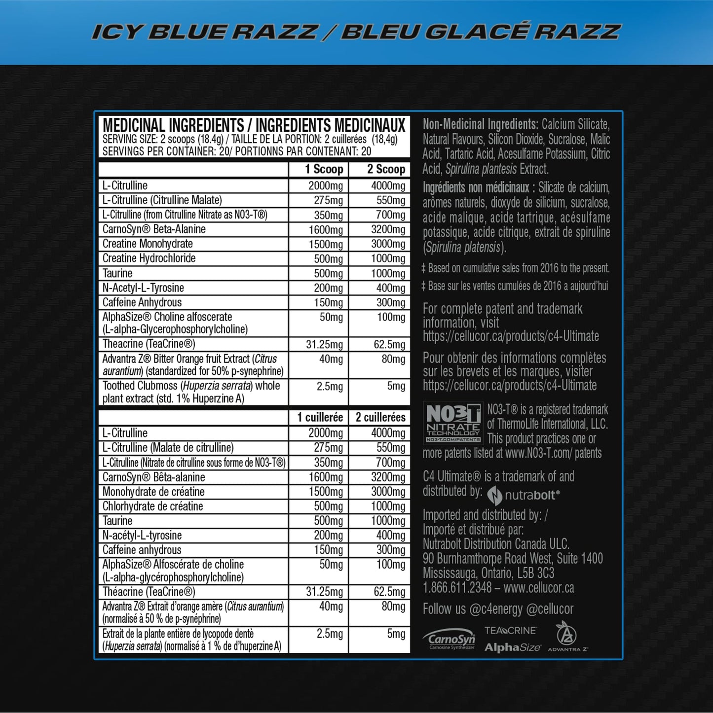 Cellucor C4 Ultimate Pre Workout Powder - Sugar Free Preworkout Energy with 300mg Caffeine and Creatine for Men & Women - Icy Blue Razz, 20 Servings 🍁 All In One Marketplace Canada