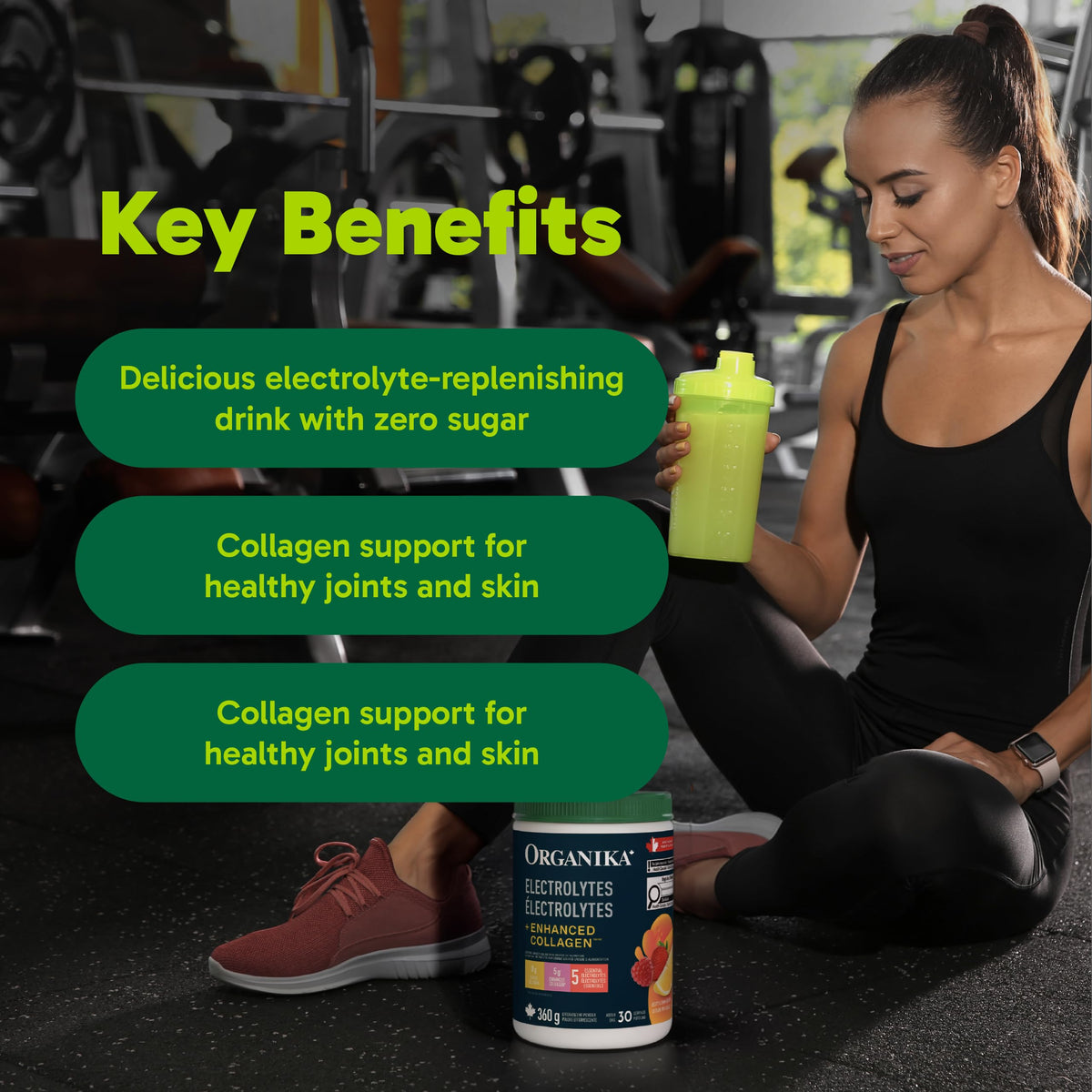 Organika Canadian-Made Electrolytes + Enhanced Collagen - Daily Hydration Powder with 5g of Collagen for Hair, Skin and Nails, 100% of Daily Vitamin C, Zesty Lemon Berry Flavour, 360 g, 30 Servings 🍁 All In One Marketplace Canada