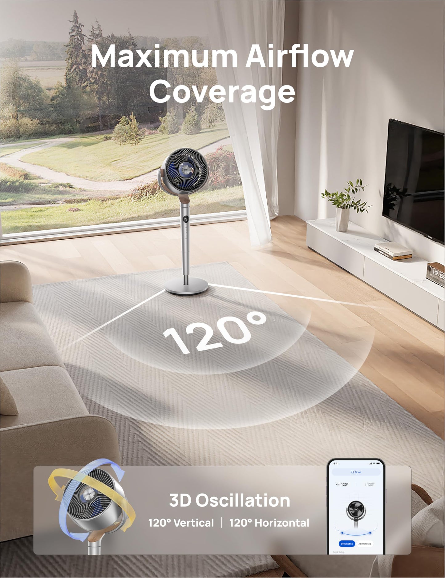 DREO Smart Fans for Bedroom, 120° +120° Omni-Directional Oscillating Fan, 90ft Quiet Pedestal Fan with RGB Light, 9 Speeds, 6 Modes, 20dB, 8H Timer, Wi-Fi/Voice, 37-42" Floor Fans with Remote, Silver 🍁 All In One Marketplace Canada