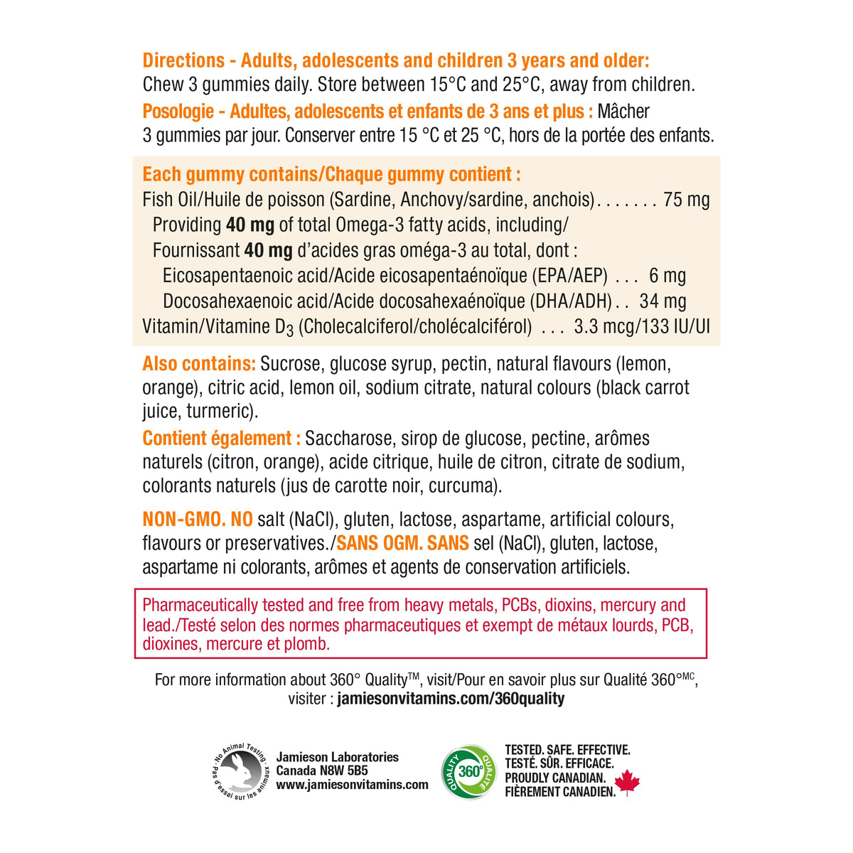 Jamieson Omega-3 Gummy with Vitamin D3, 90 Gummies, Orange and Lemon Flavours, Family Friendly (3+). Supports Brain Health and Immune Health, Non-GMO No Artificial Colours, Flavours, or Preservatives 🍁 All In One Marketplace Canada