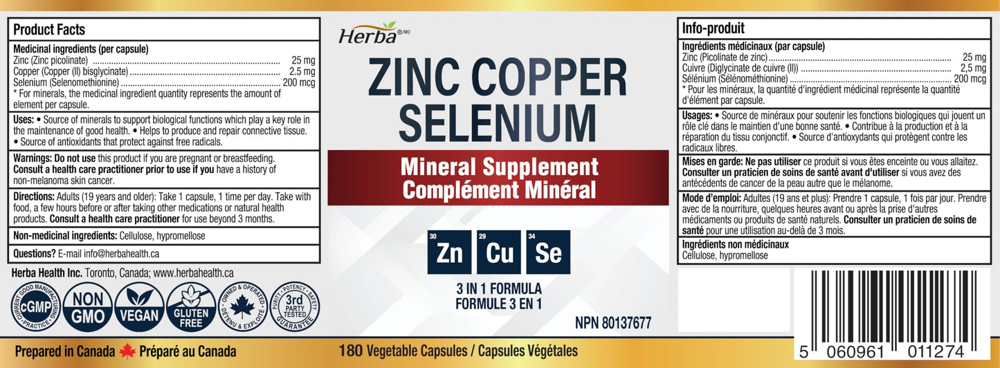 Herba Zinc Picolinate 25mg with Copper and Selenium - 180 Capsules | 3 in 1 Mineral Supplement | Selenium Zinc Copper Supplement | 6 Months Supply | Immune Support | Made in Canada 🍁 All In One Marketplace Canada