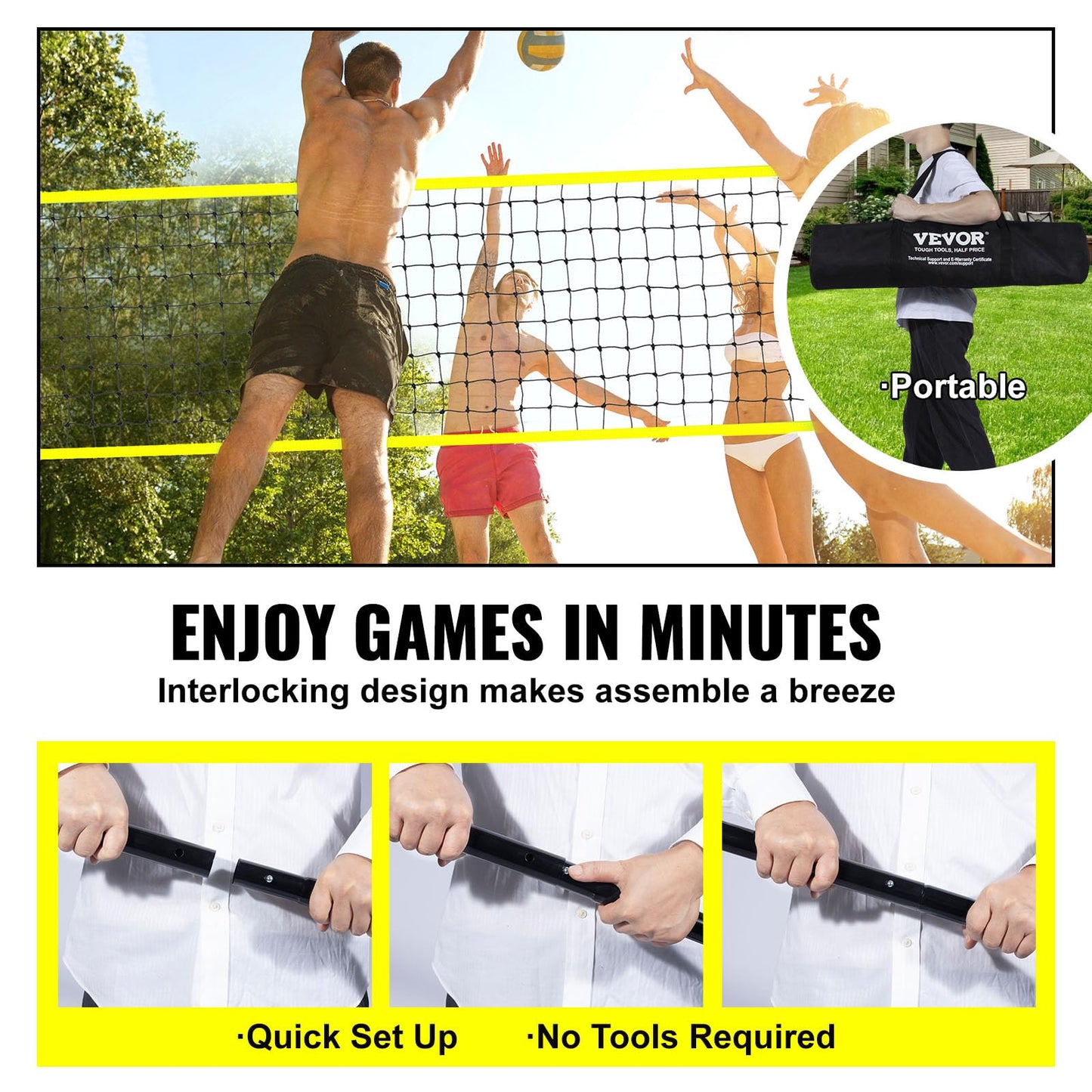 VEVOR Outdoor Portable Volleyball Net System, Adjustable Height Steel Poles, Professional Volleyball Set with PVC Volleyball, Pump, Carrying Bag, Heavy Duty Volleyball Net for Backyard, Beach, Lawn 🍁 All In One Marketplace Canada