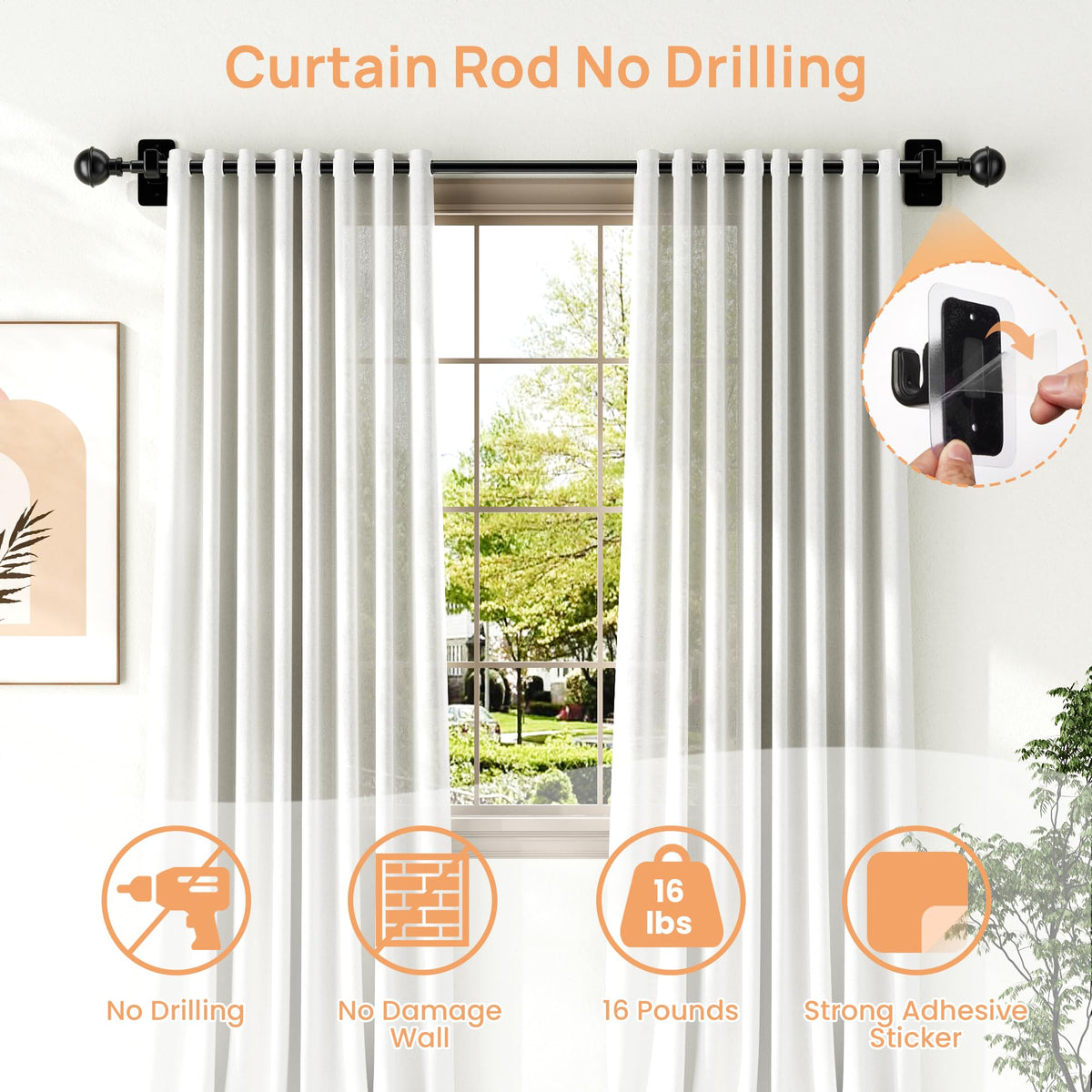 upsimples No Drill Curtain Rods for Window 48 to 84 Inches, 5/8 Inch Diameter Renter Friendly Drapery Rod with Adhesive Brackets without Drilling, Adjustable from 27 to 90 Inches, Black 🍁 All In One Marketplace Canada