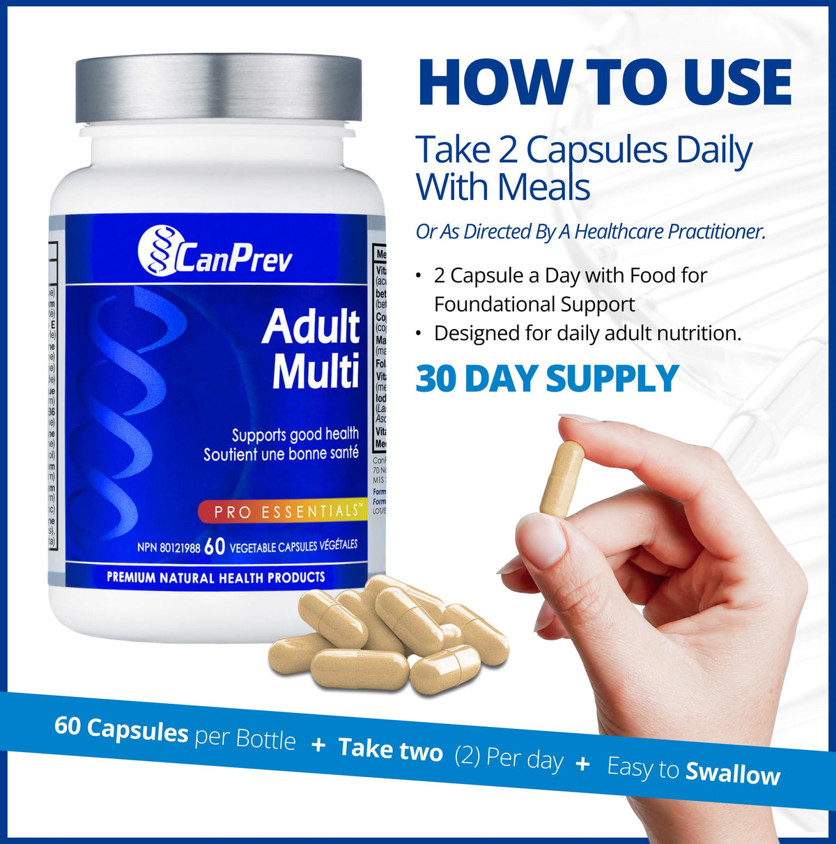 CanPrev Adult Multi, 60 V-Caps 30-Day Supply - Non-GMO and Gluten-Free - High-Potency Multivitamin and Multi-Mineral Formula - Iron-Free - Easy to Digest - Complete Daily Vitamins and Minerals 🍁 All In One Marketplace Canada
