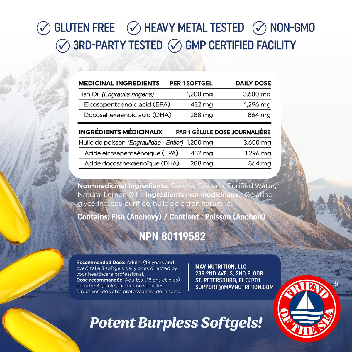 Triple Strength Omega 3 Fish Oil | 120 Softgels | 3600 mg Fish Oil | Over 2100mg of Omega-3 Fatty Acids | Heart and Cognitive Support | 1300mg EPA + 860mg DHA | Wild Caught & Burpless | 120 Ct 🍁 All In One Marketplace Canada
