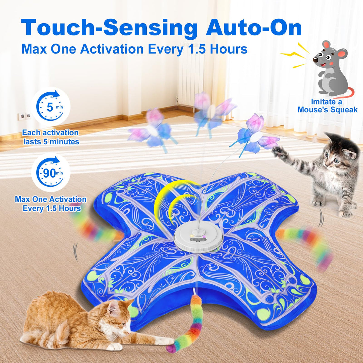 Qraxond Interactive Cat Toys for Indoor Cats,[Newly Upgraded] Rechargeable Touch Activated Hide and Seek Kitten Toy with Fluttering (Blue Cover Cloth Toy) 🍁 All In One Marketplace Canada