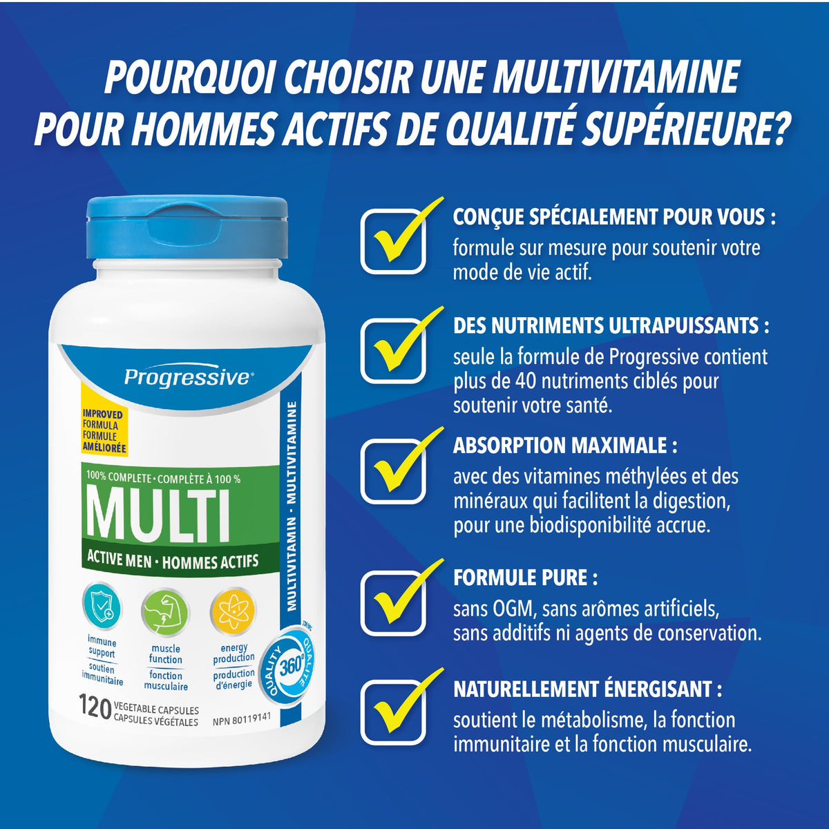 Progressive Advanced Daily Multivitamin for Active Men, with Quercetin, Maca, Ashwagandha, and Siberian Ginseng. Supports Immune Health, Muscle Function, and Energy, 100% Complete, Canadian-Made 120 Count 🍁 All In One Marketplace Canada