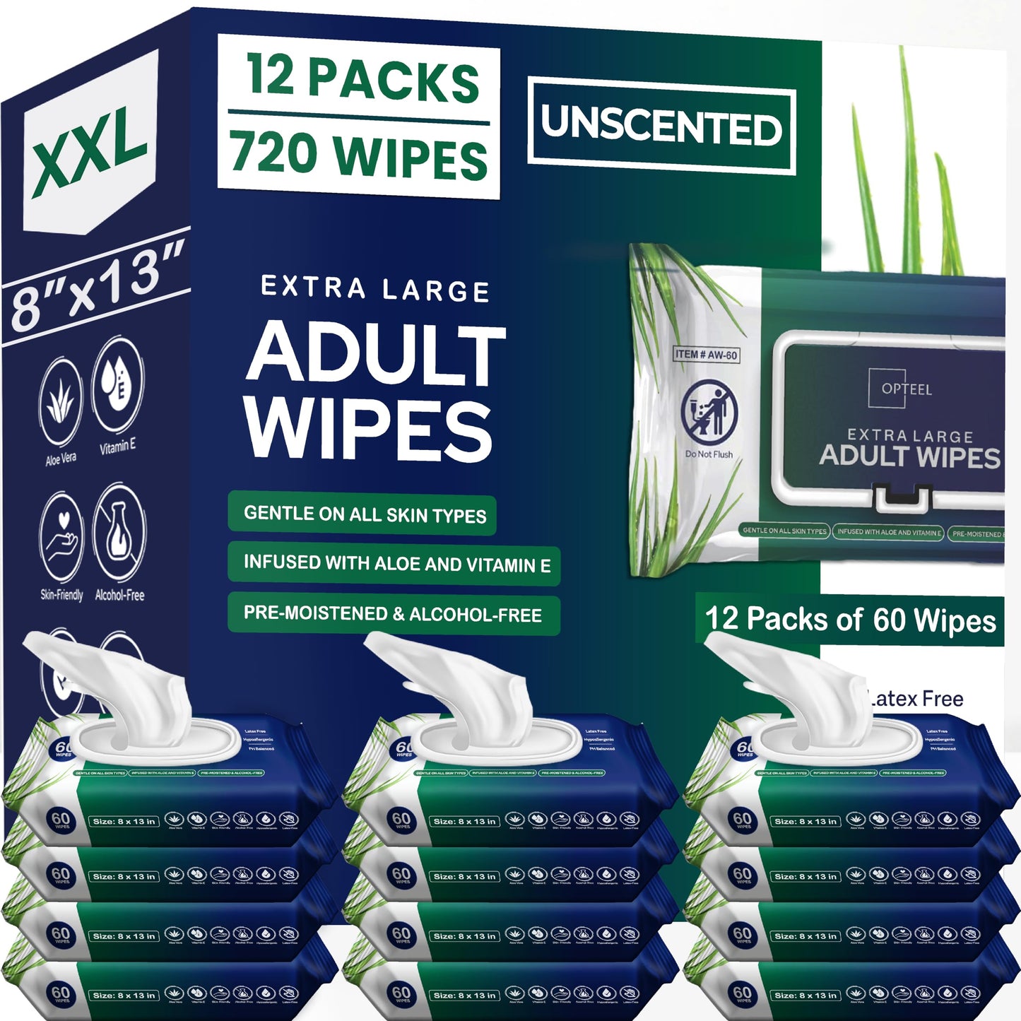 Adult Wipes For Elderly - 8"x13" 720ct (12 Packs of 60) Huge & Soft Non-Flushable Body Wipes for Adults Bathing No-Rinse - Incontinence Disposable Washcloths, Vitamin E & Aloe Infused 🍁 All In One Marketplace Canada