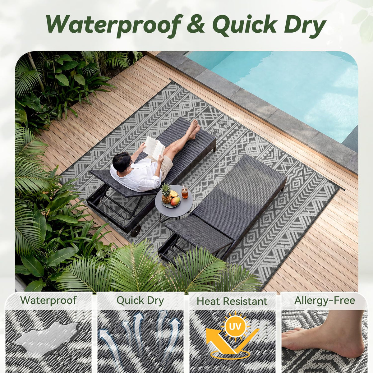 Outdoor Rug 5x8 ft Waterproof Outdoor Carpet-Patio RV Deck Camping Rug Portable Boho Rugs for Outdoor Area Rug Picnic Backyard Porch Beach Mat Grey 🍁 All In One Marketplace Canada