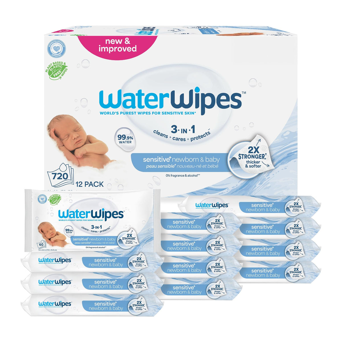 WaterWipes Sensitive+ Newborn & Baby Wipes, 3-In-1 Cleans, Cares, Protects, 99.9% Water, Unscented & Hypoallergenic, 720 Count (12 Packs) 🍁 All In One Marketplace Canada
