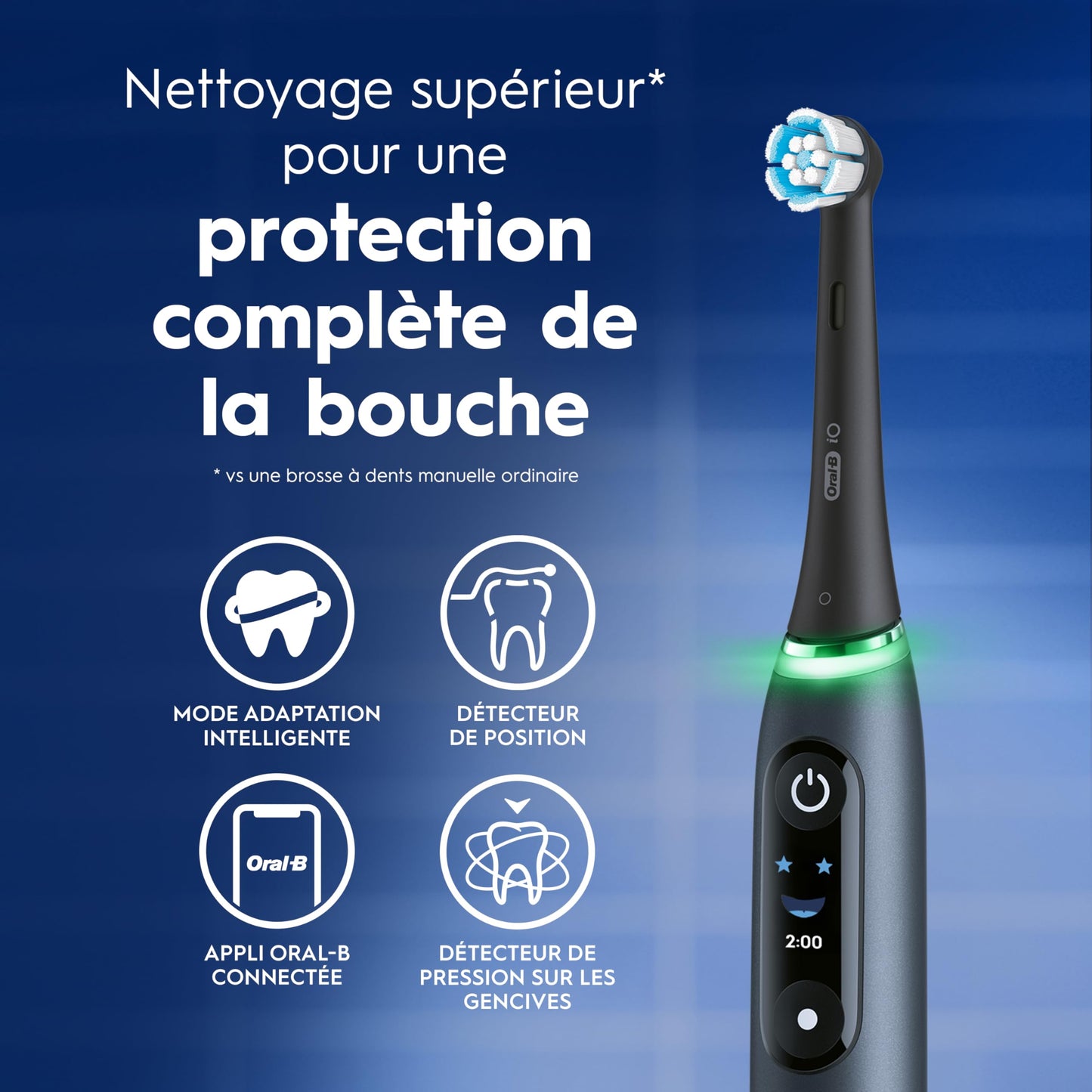 Oral-B iO Electric Toothbrush, Deep Clean + Protect, Rechargeable, Sapphire Blue with Visible Pressure Sensor, 5 Cleaning Settings, 2 Min Timer, a iO Series 7 Toothbrush, 2 Replacement Brush Heads, and Charging Travel Case 🍁 All In One Marketplace Canada