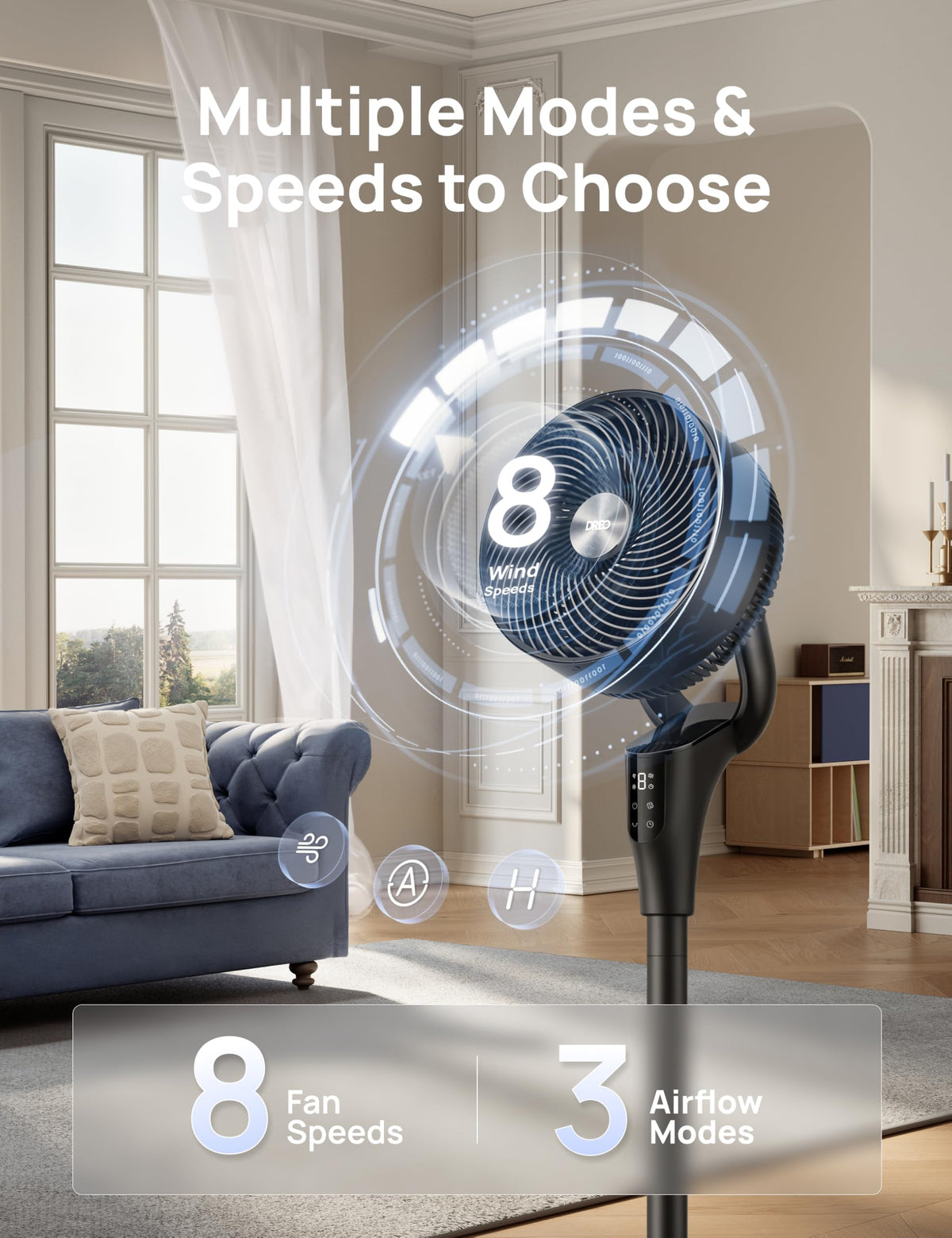 DREO Fan for Bedroom, 90° Oscillating Standing Fan, 20dB Quiet, 90ft Pedestal Fans for Room Office, DC Motor, 8+H Speeds, 3 Modes, 38-42'' Adjustable Height, Remote, 8H Timer, 105° Manual Vertical 🍁 All In One Marketplace Canada