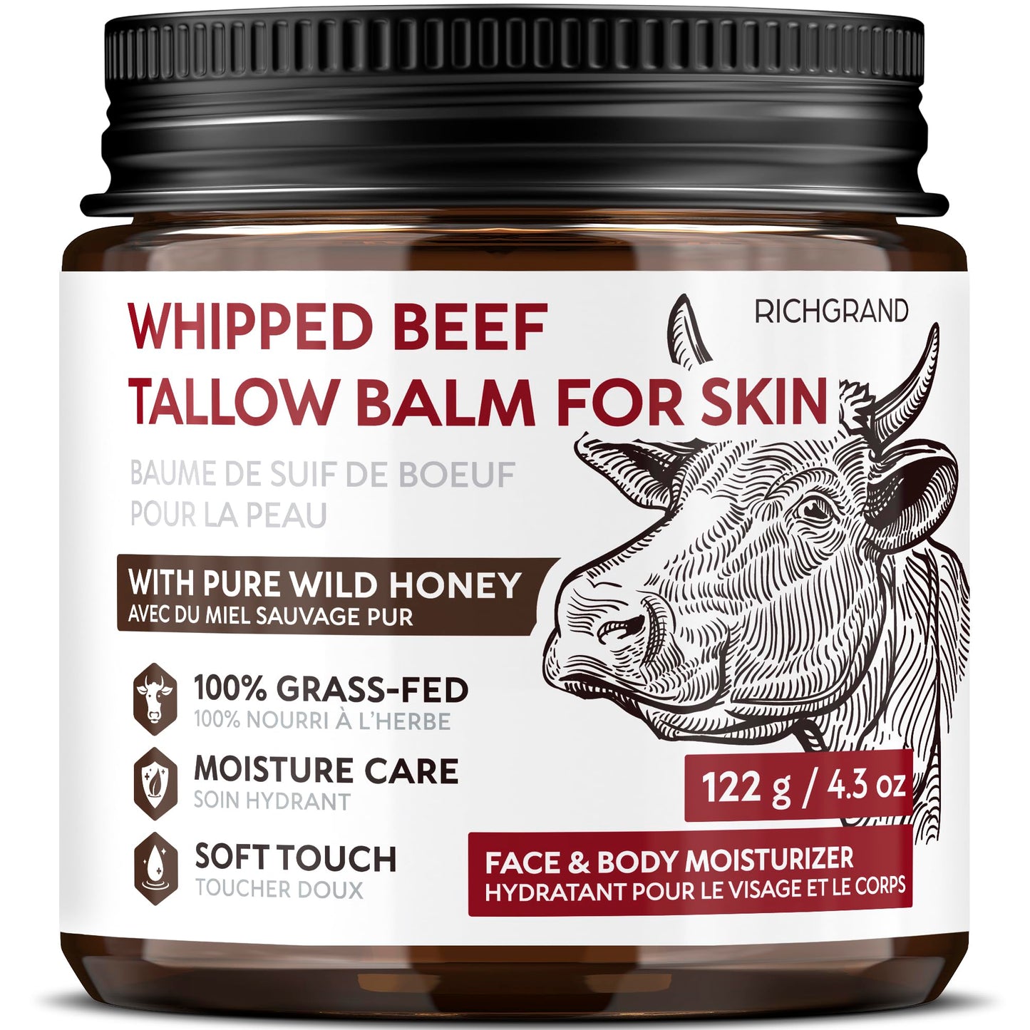 Beef Tallow Face Cream, Whipped Tallow and Honey Balm for Face and Body, Grass Fed Natural Skincare Moisturizer for Dry and Sensitive Skin, Hydrating Body Butter 🍁 All In One Marketplace Canada