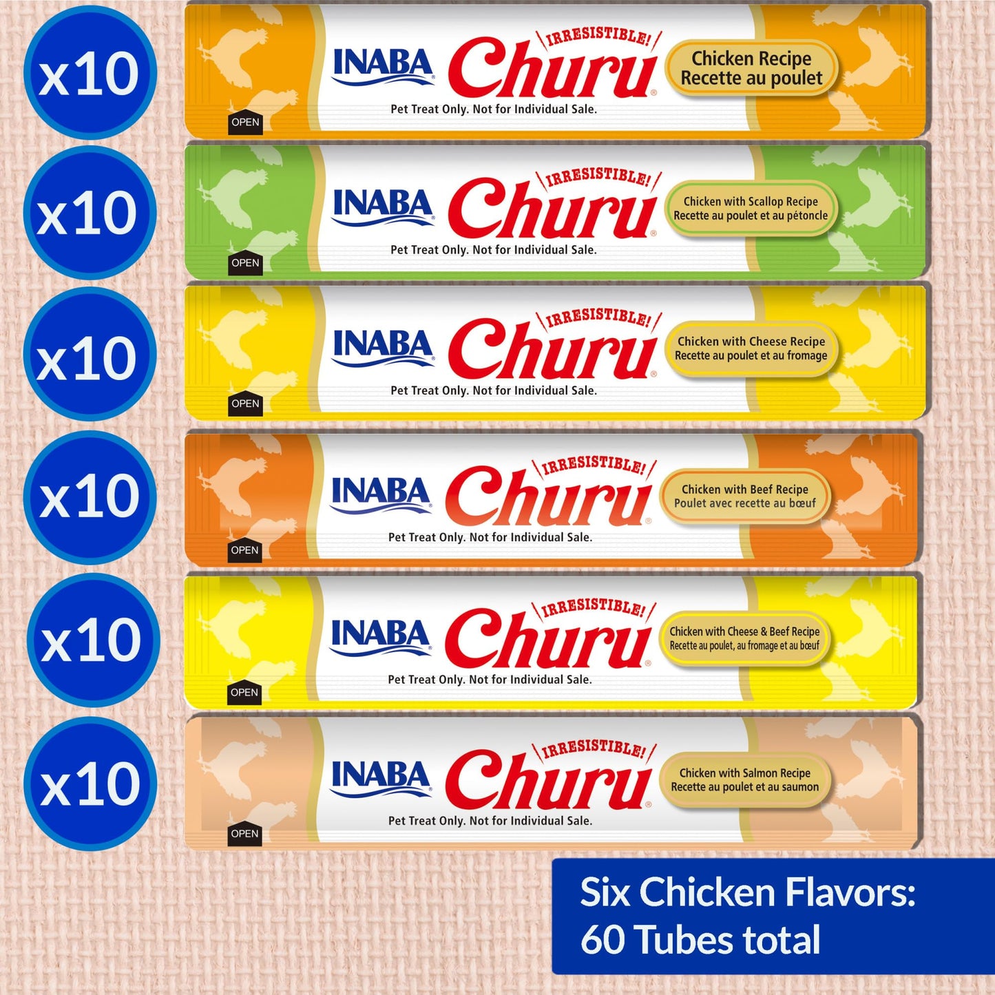 INABA Churu Cat Treats, Lickable, Squeezable Creamy Purée Cat Treat with Green Tea Extract & Taurine, 14 Grams Each Tube, 60 Tubes, Chicken Variety Box 🍁 All In One Marketplace Canada