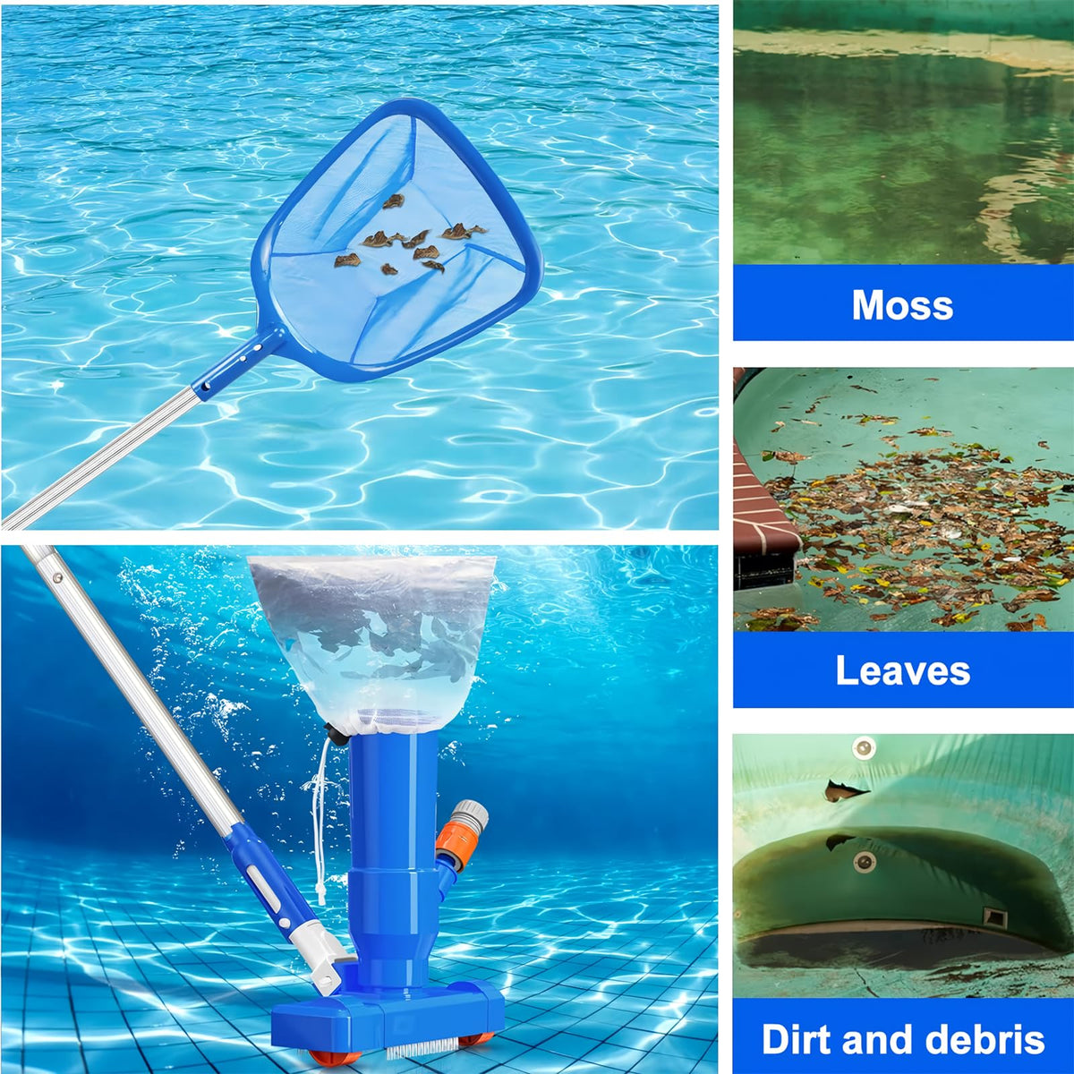 60" Portable Pool Vacuum Jet Underwater Cleaner and Leaf Skimmer Net (No Garden Hose Included), 4 Section Pole of Hand Held Portable Vacuum Pool Cleaner for Above Ground Pool Spa Pond Fountain Hot Tub 🍁 All In One Marketplace Canada