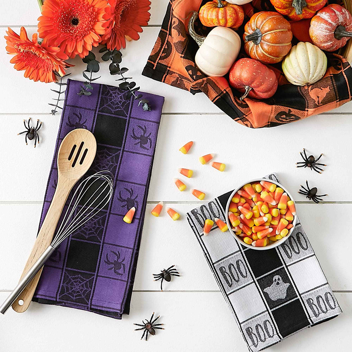 DII Happy Halloween Dishtowel Collection Embellished Cotton Kitchen Hand Towel Set, 18x28, Haunted Buffalo Check, 3 Count