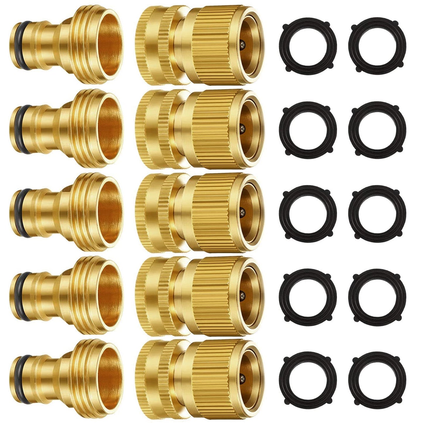Garden Hose Quick Connectors, Solid Brass 3/4 inch GHT Thread Easy Connect Fittings No-Leak Water Hose Male Female Value Pack (5 Set) with 10pcs Extra Rubber 🍁 All In One Marketplace Canada