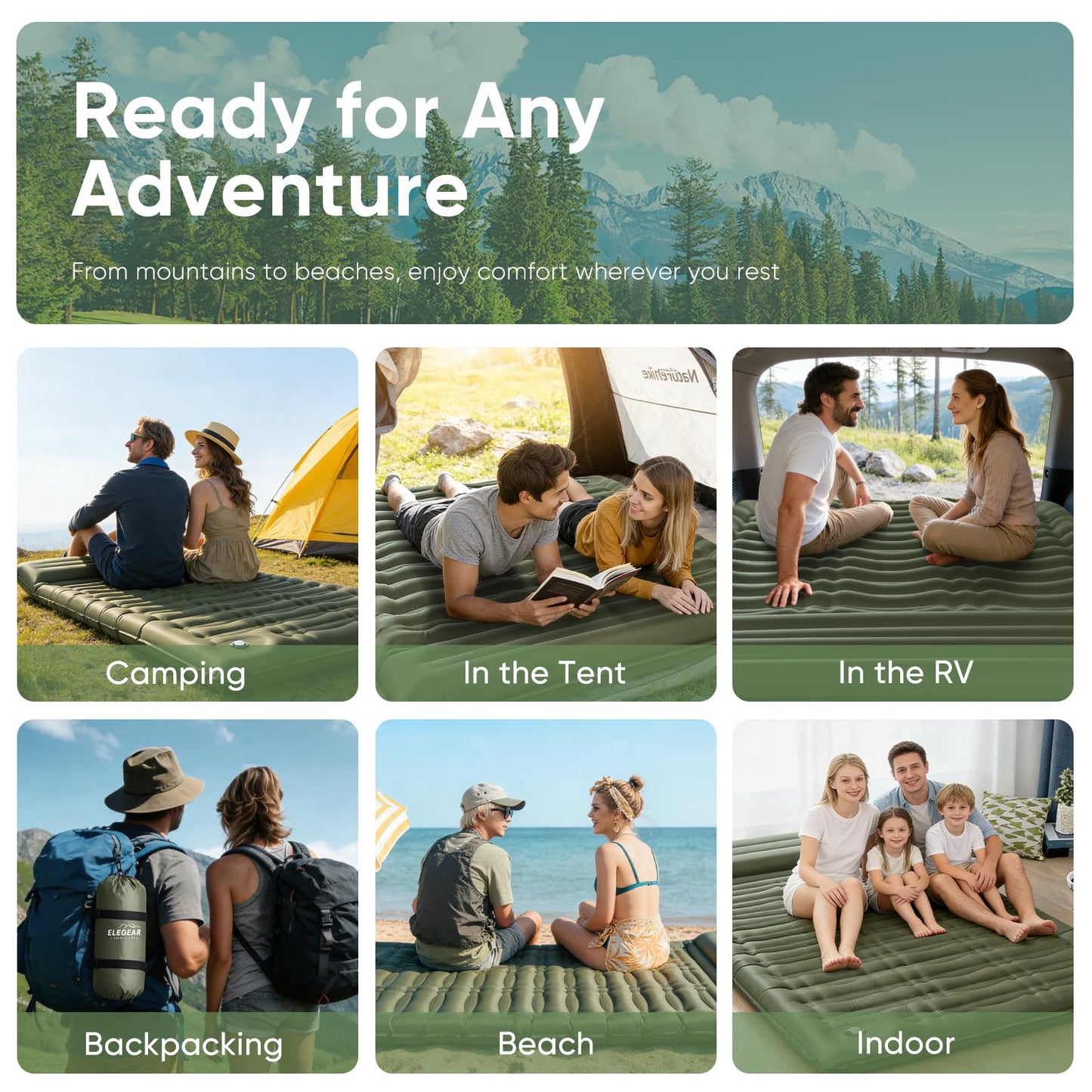 Double Camping Sleeping Pad 5.5", Elegear CumbreX™Self Inflating Air Sleeping Mats with Pillow Built-in Foot Pump, Inflatable Camping Mattress Compact for Tent,Cot Backpacking,Hiking,Camp,Travel,Green 🍁 All In One Marketplace Canada