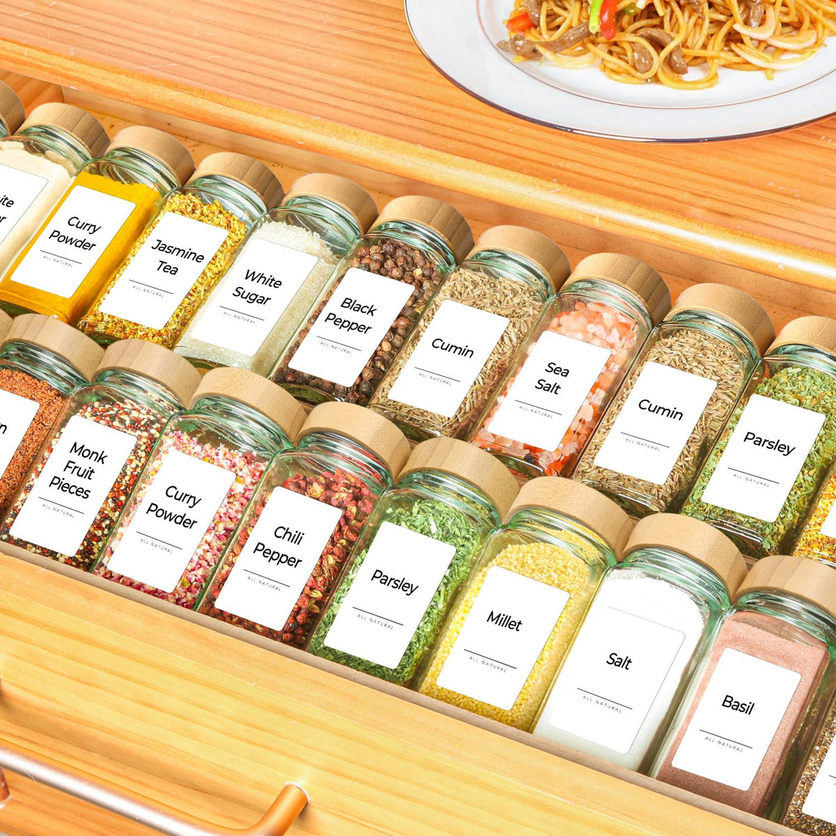 ComSaf 4oz 24Pcs Glass Spice Jars with Bamboo Lids, Empty Spice Containers with 93 Labels, Square Seasoning Containers Trial and Supplement Set, Small Seasoning Bottles for Salt, Herbs, Sugar, Pepper 🍁 All In One Marketplace Canada