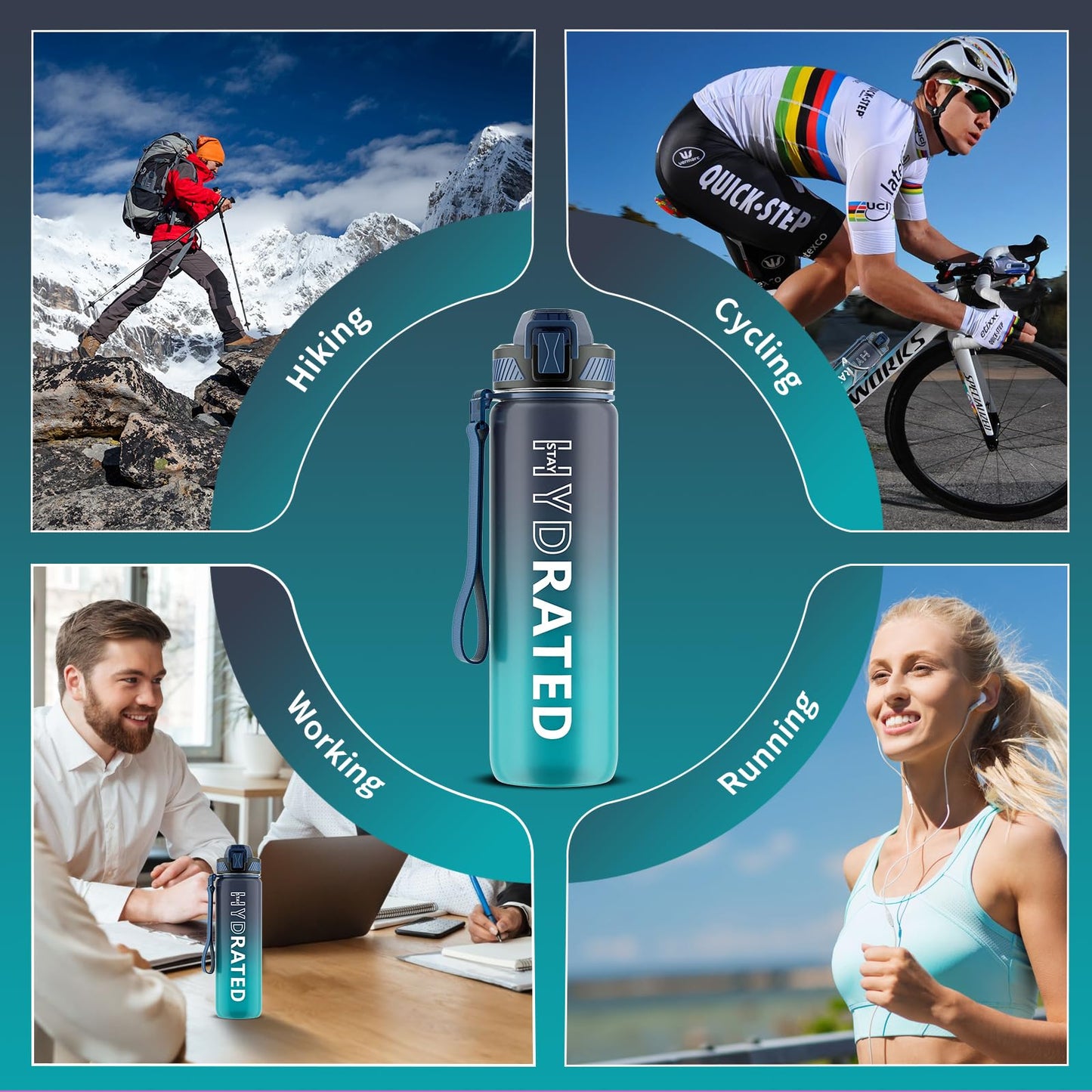 QLUR Water Bottle with Straw, 32oz Sports Motivational Water Bottle with Time Markings to Drink & Carry Strap & Clean Brush, 1L, Tritan, BPA Free, LeakProof for Women Men Gym Fitness Outdoor (1 Pack) 🍁 All In One Marketplace Canada