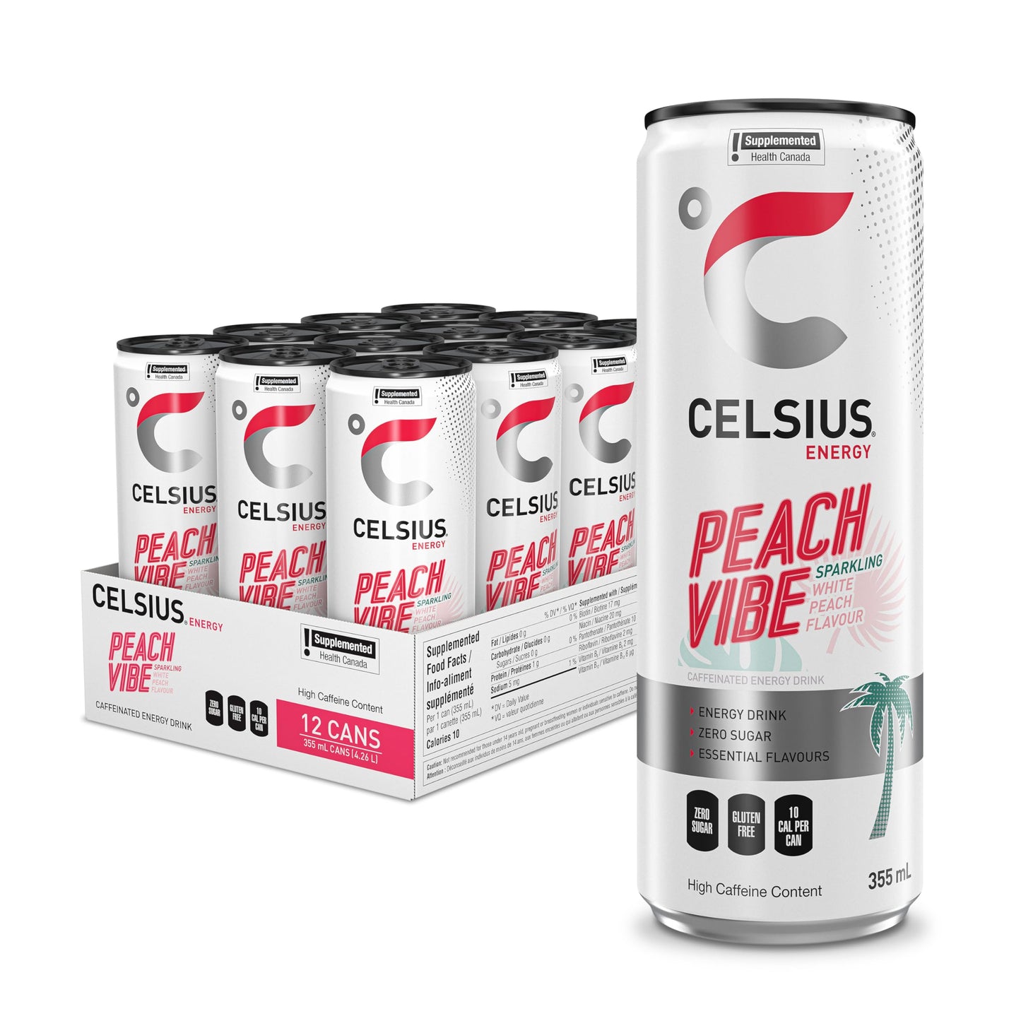 CELSIUS Sparkling Peach Vibe, Zero Sugar Energy Drink, 355ml (Pack of 12) 🍁 All In One Marketplace Canada