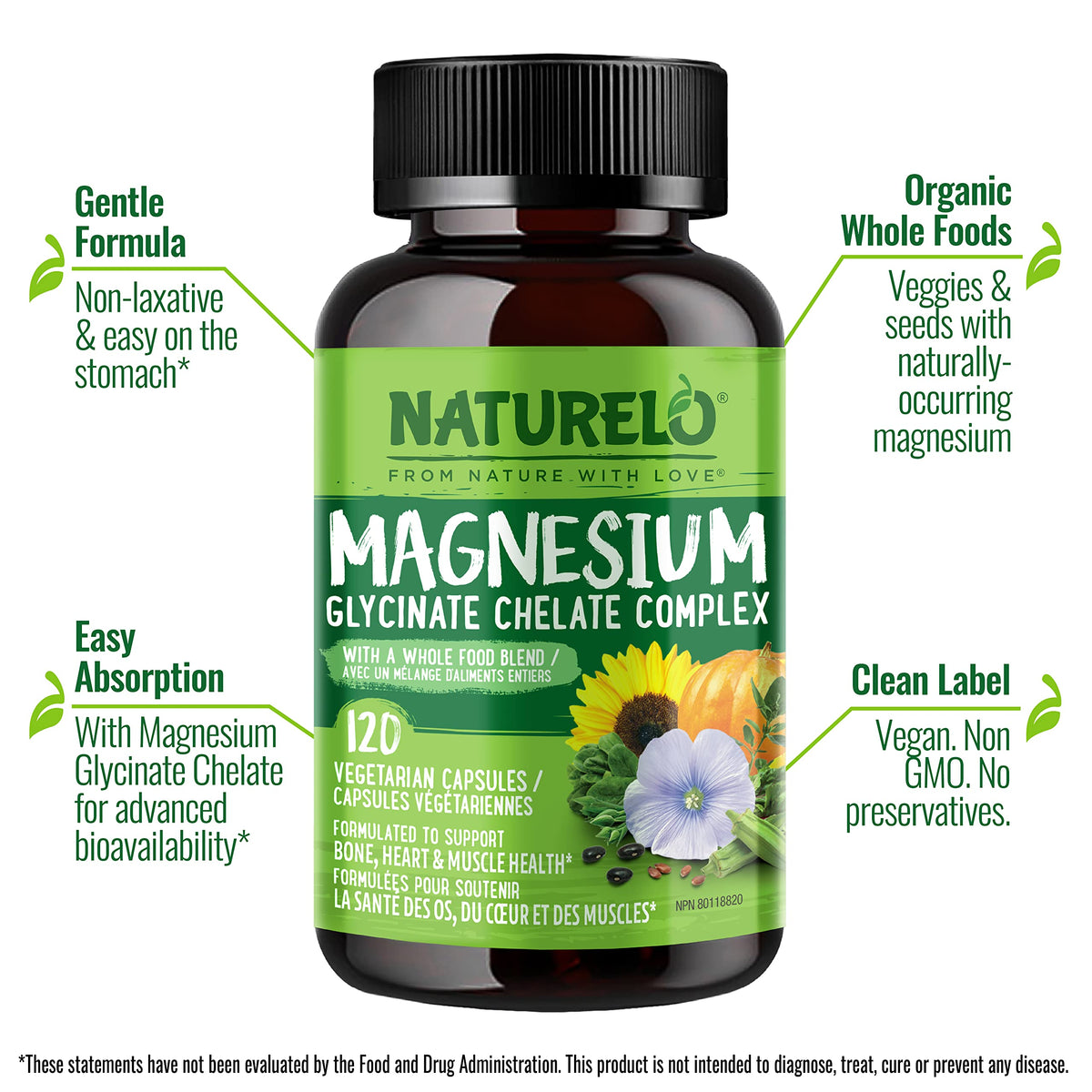 NATURELO Magnesium Glycinate Chelate Complex - 200 mg Magnesium, 120 Capsules, Support Sleep, Calm, Muscle Cramp & Stress Relief, Gluten Free, Non GMO, with Organic Vegetables 🍁 All In One Marketplace Canada