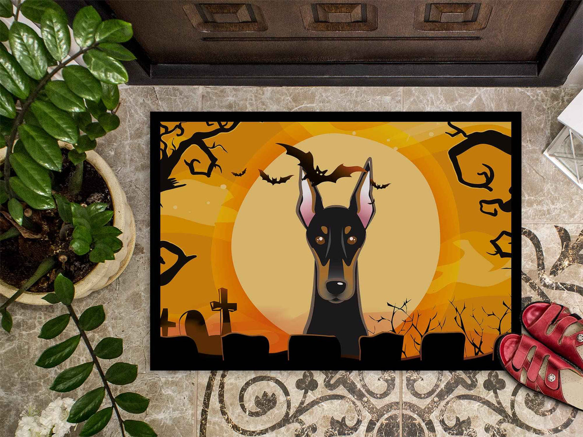 Caroline's Treasures BB1803MAT Halloween Doberman Doormat 18x27 Front Door Mat Indoor Outdoor Rugs for Entryway, Non Slip Washable Low Pile, 18H X 27W