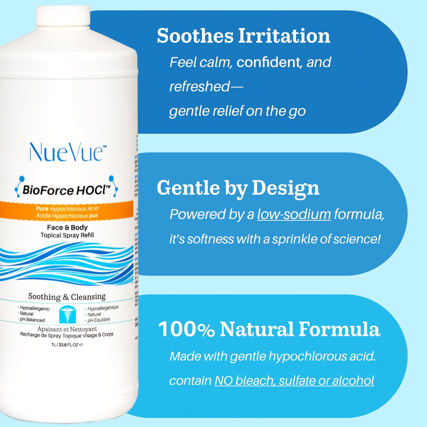 BioForce 1 Liter Hypochlorous Acid Spray Refill For Face & body - Acne-Prone Skin & Eczema, Piercing aftercare, Tattoo Aftercare, Made in Canada, All-in-One Gentle facial Cleanser & Toner, pH Balanced, Hypoallergenic & Non-comedogenic by NueVue (33.8 fl o