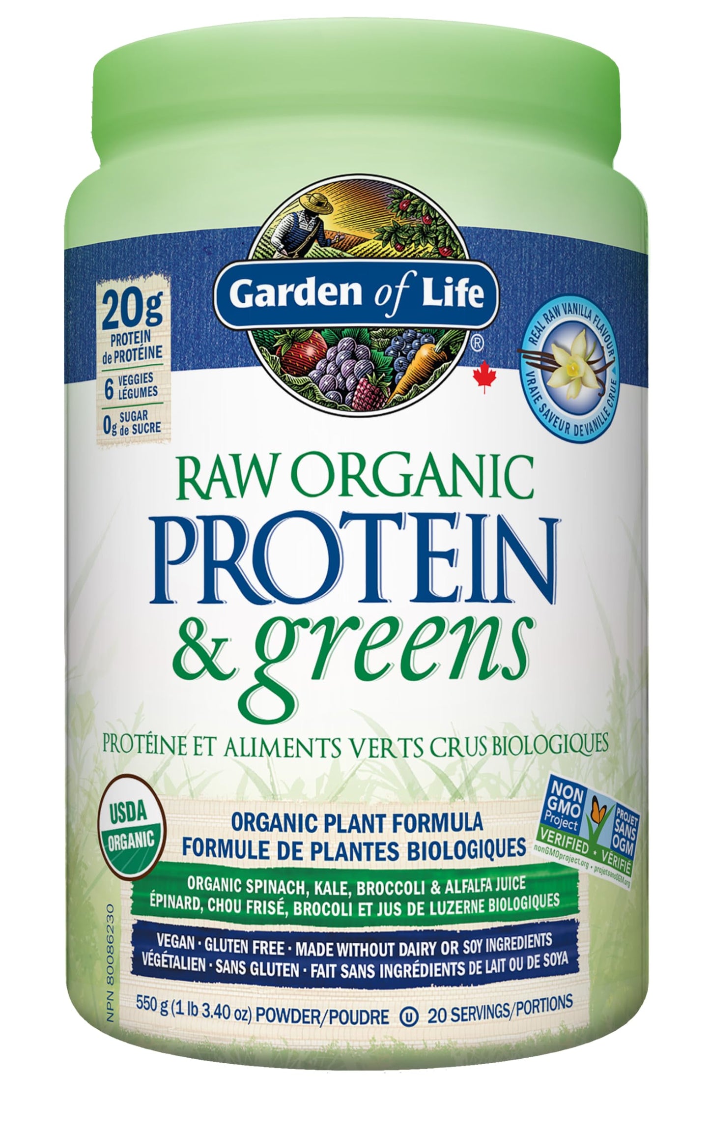 Garden Of Life Raw Organic Protein&greens - Vanilla 550.0 Gram Vanilla. Packed with 20g of protein, 6 veggies and 0g sugar. A delicious protein boost from organic sprouted brown rice, pea & chia, plus a blend of nutrient-rich greens. Gluten free, made wit