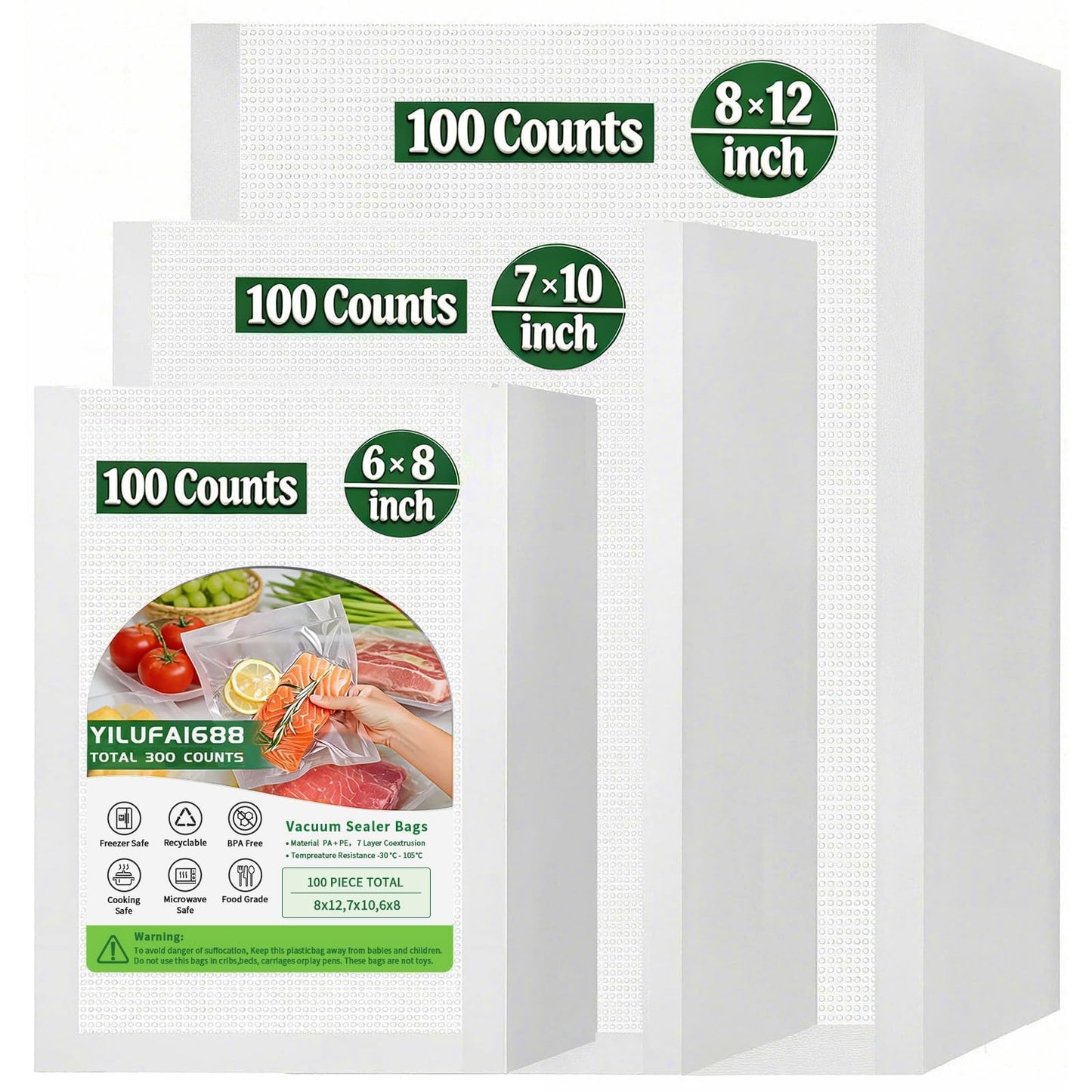 300 Count Vacuum Sealer Bags - Food Saver Bag (8x12,7x10,6x8) Precut Quart for Vacuum Seal, Meal Prep,Sous Vide, BPA Free, Heavy Duty, Commercial Grade Freezer Bags 🍁 All In One Marketplace Canada