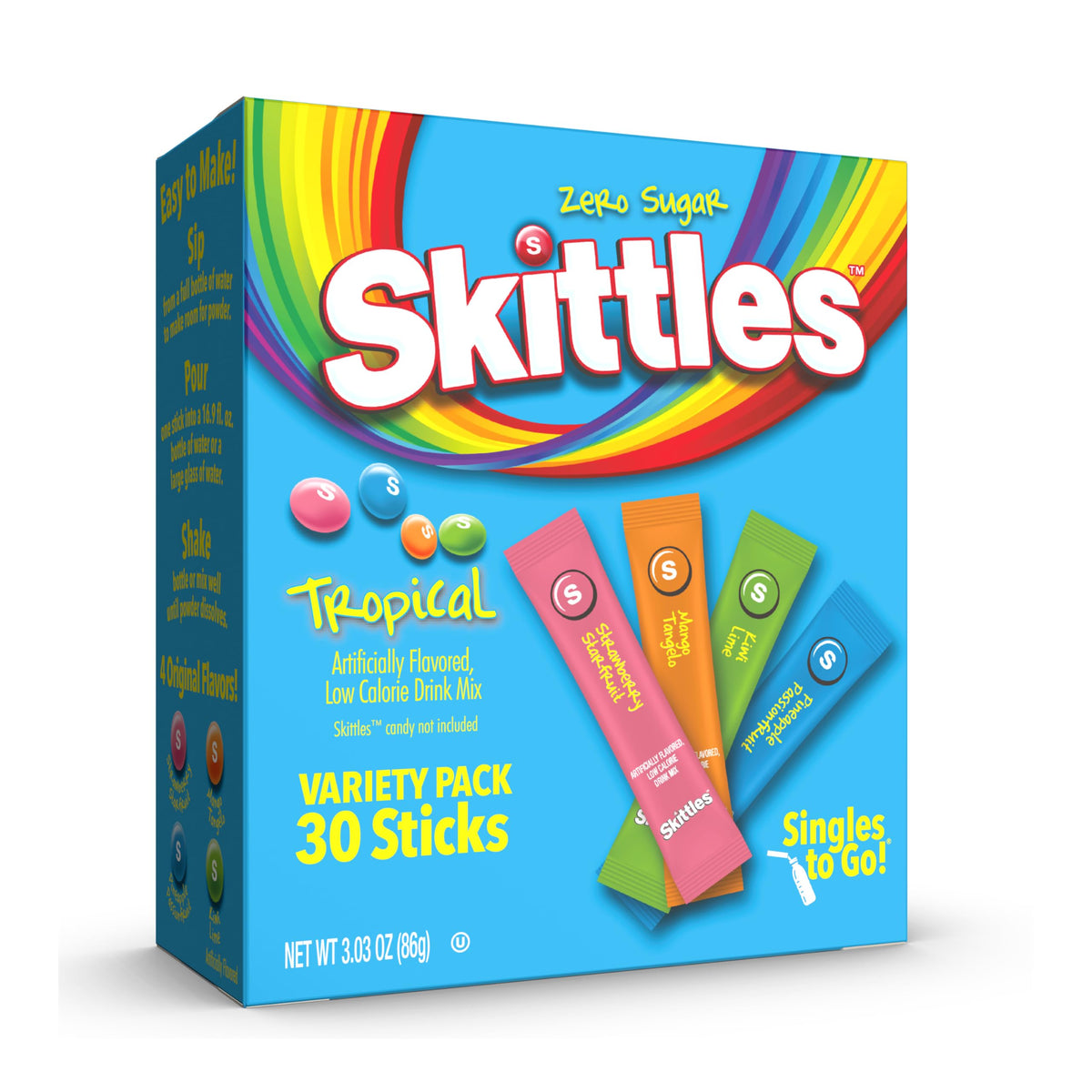 Skittles Singles To Go Tropical Flavors Variety Pack, Powdered Drink Mix, Includes 4 Flavors, Strawberry Starfruit, Mango Tangelo, Kiwi Lime, Pineapple Passionfruit, 1 Box (30 Single Servings) 🍁 All In One Marketplace Canada