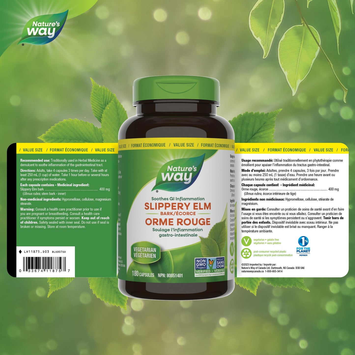 Nature’s Way Slippery Elm Bark – Traditionally Used to Soothe GI Tract Inflammation – Vegetarian, Non-GMO– 180 Capsules 🍁 All In One Marketplace Canada