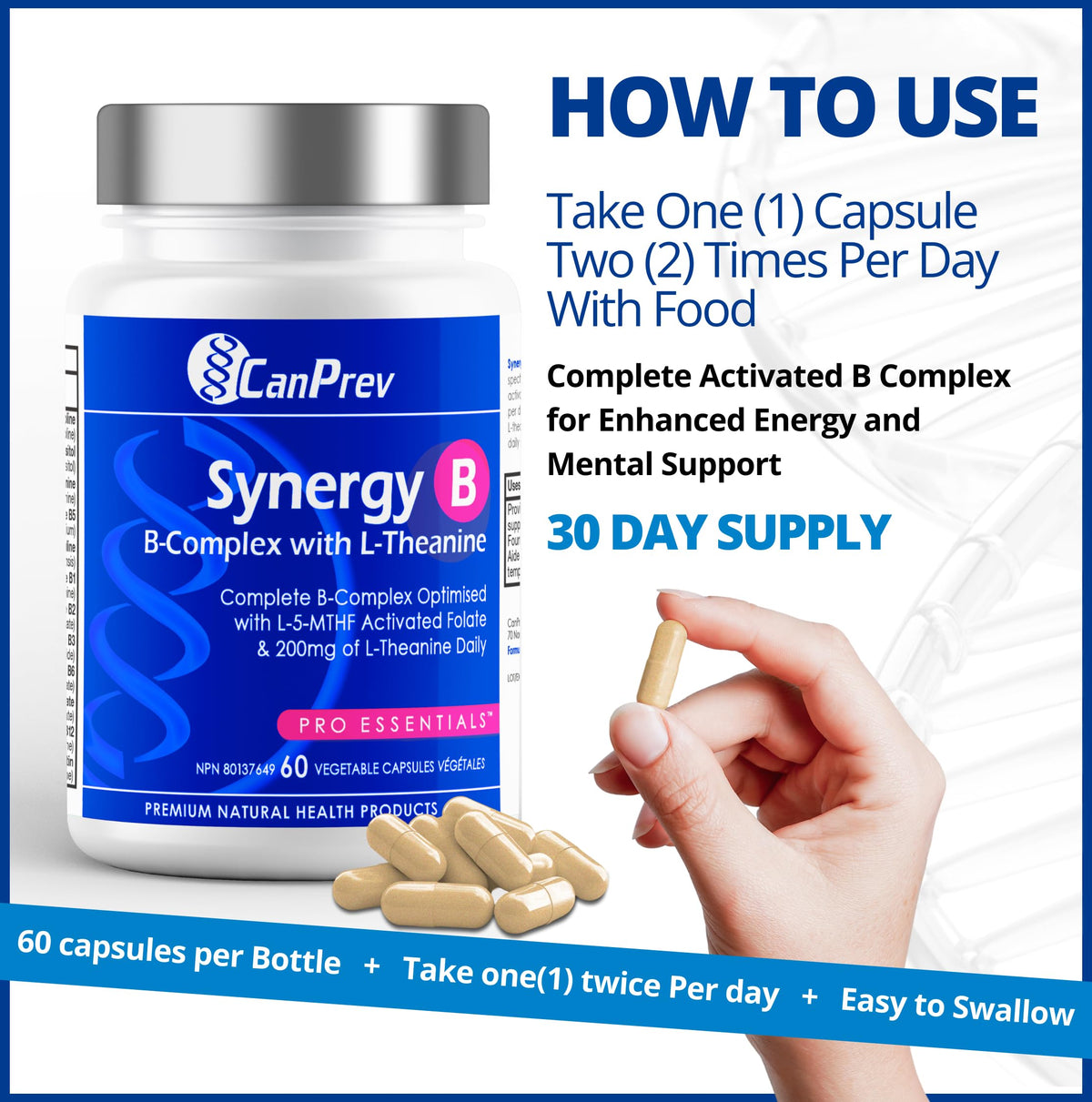 CanPrev Synergy B Complex 60 V-Caps 30-Day Supply - Vitamin B Supplement with L-Theanine 200mg - Complete B Complex Optimized with L-5-MTHF Activated Folate & Spirulina - Vegan, Non-GMO & Gluten-Free 🍁 All In One Marketplace Canada