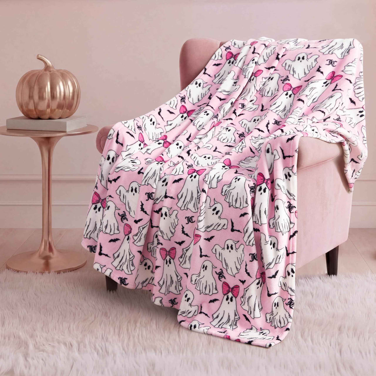 Juicy Couture Girly Ghosts Halloween Plush Throw Blanket, Soft Polyester Decorative Throw for Sofa or Bed, Light Pink, 50"x60"