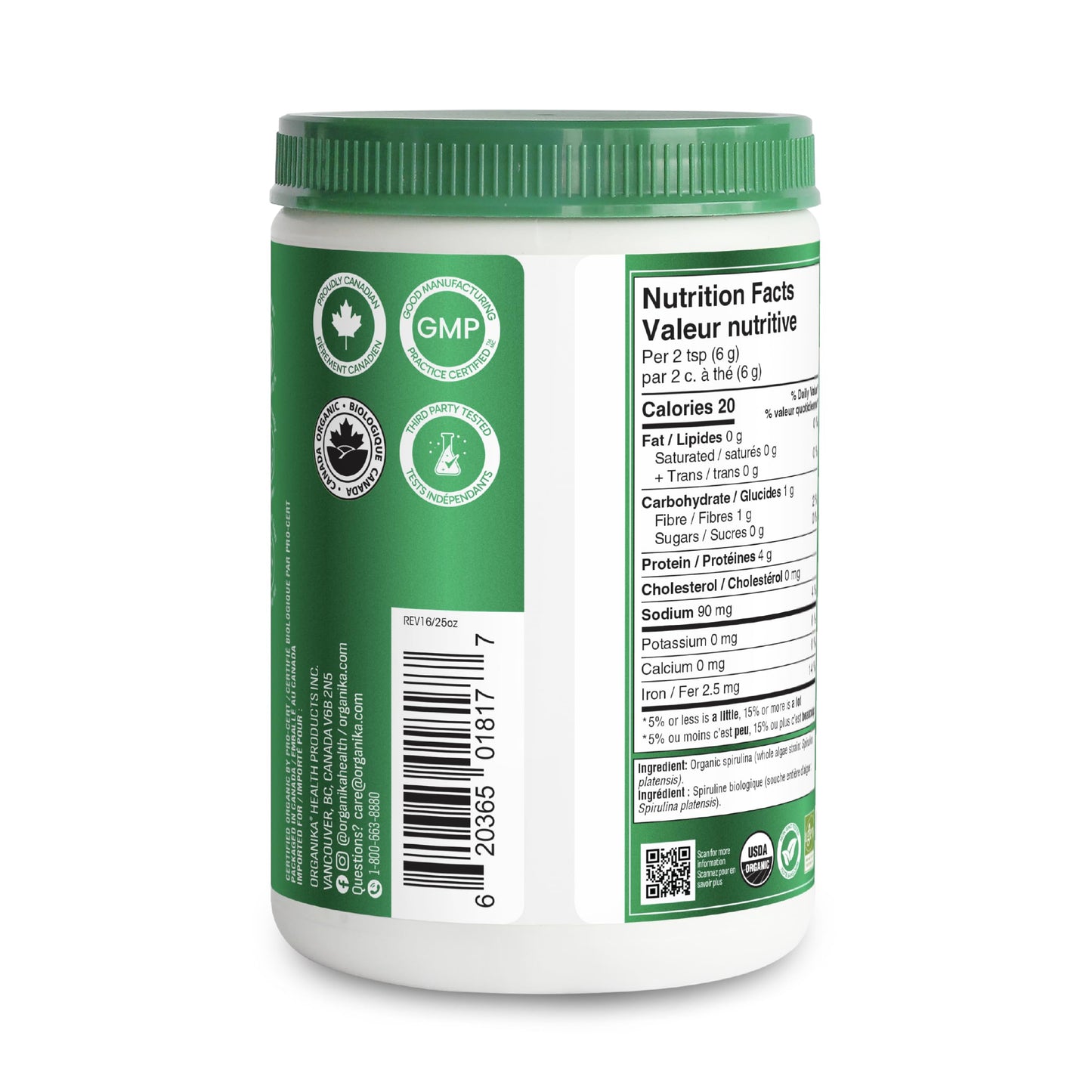 Organika Canadian-Made Certified Organic Spirulina Powder- Superfood, 3rd Party Tested, Pristine Sourcing, Vegan- 300g 🍁 All In One Marketplace Canada