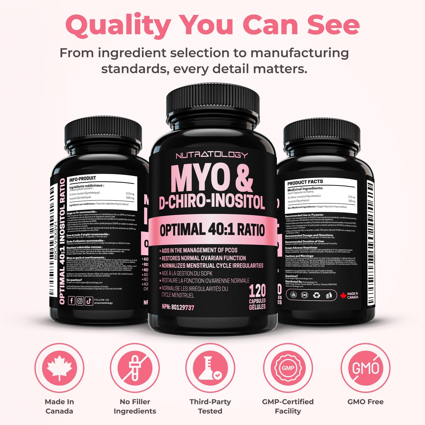 Nutratology® Myo-Inositol & D-Chiro Inositol Capsules - PCOS Supplement for Women - Optimal 40:1 Ratio - For Hormonal Balance & Healthy Ovarian Function - Regulates Menstrual Cycle - 120 Capsules 🍁 All In One Marketplace Canada