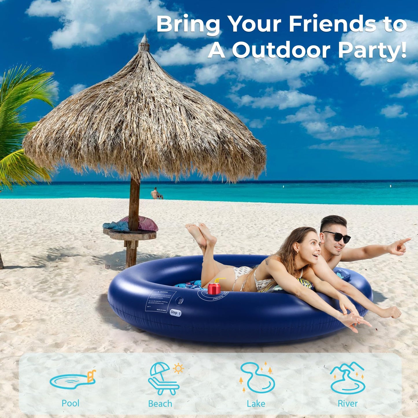 2-Person Pool Floaties for Adults Heavy Duty, Giant 75"X75" Inflatable Pool Matswith Canopy, Cup Holders, Detachable Headrest, Multi-Purpose Water Lounger for Pool Party, Lake, Beach, River, Outdoor 🍁 All In One Marketplace Canada