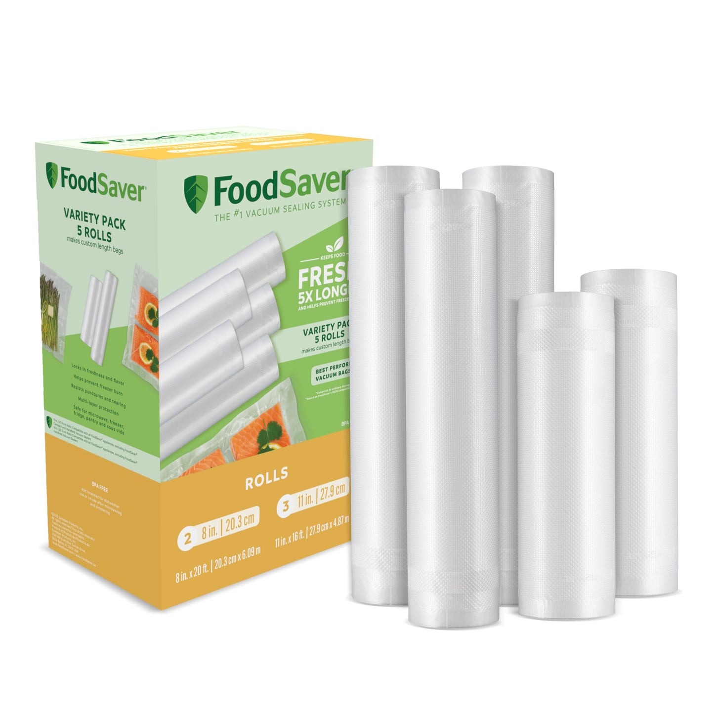 FoodSaver Vacuum Seal Rolls Variety Pack, Vacuum Sealer Rolls for Custom Length Airtight Food Storage Bags and Sous Vide, BPA-Free, 3 Rolls (11" x 16') and 2 Rolls (8" x 20') - 5 Total 🍁 All In One Marketplace Canada