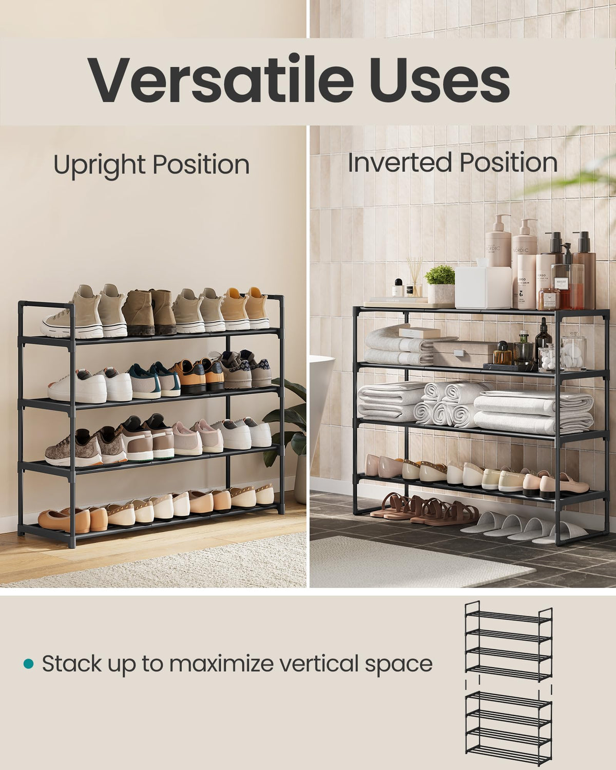 SONGMICS Shoe Rack, 4-Tier Shoe Organizer, Sturdy Storage Shelf, Upright or Upside Down, for 20-25 Pairs, Stackable, for Entryway, 30 x 92 x 75 cm, Black ULSA14BK 🍁 All In One Marketplace Canada