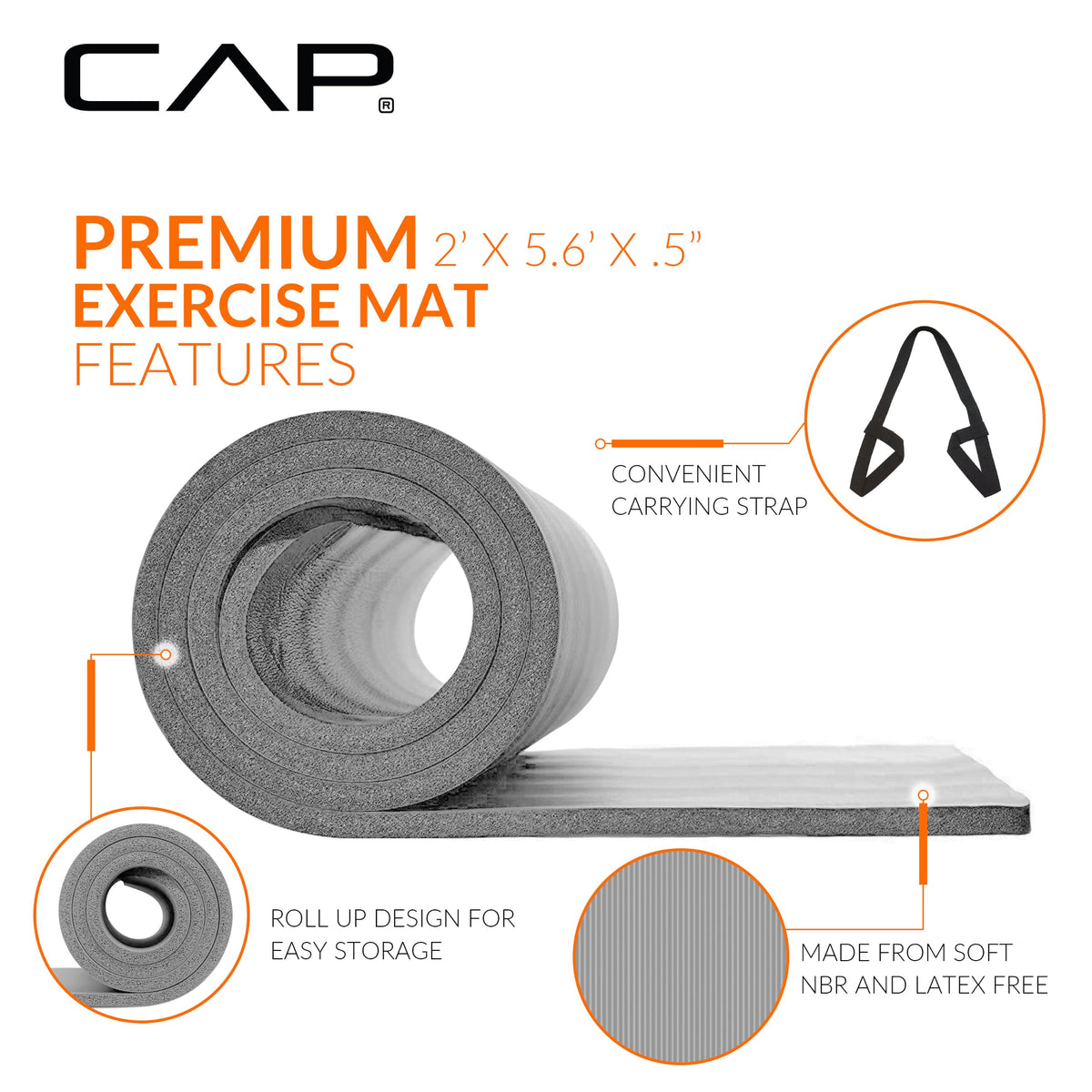 CAP Barbell High Density Exercise Mat with strap, 68"x24" 12mm - Gray 🍁 All In One Marketplace Canada