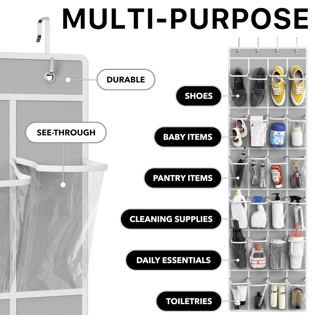 SimpleHouseware Crystal Clear Over The Door Hanging Shoe Organizer, 24 Pockets, Grey (162.6 cm H x 48.6 cm W) 🍁 All In One Marketplace Canada