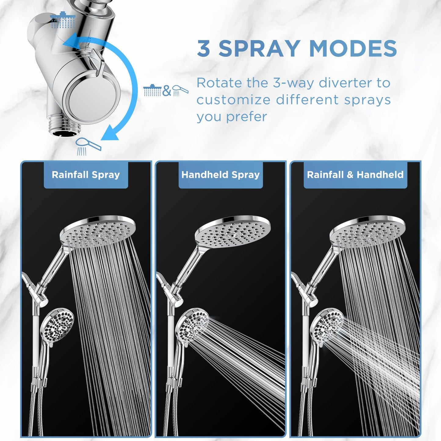 MakeFit Rain Shower Heads System, 3-Spray Dual Shower Head with Solid Brass Adjustable Bar, Rainfall Showerhead with 10 Settings High Pressure Handheld Spray, Buit-in Power Wash Mode (Chrome) 🍁 All In One Marketplace Canada
