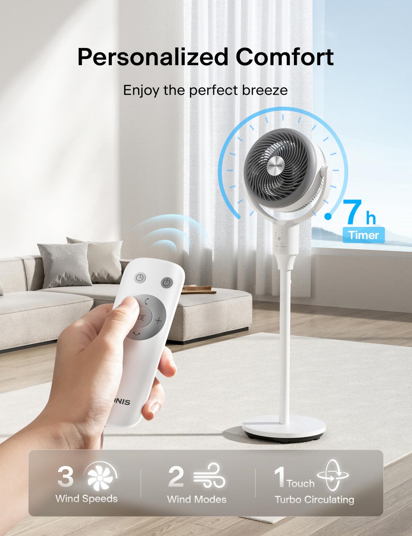 PELONIS Pedestal Fan, Air Circulator, Ultra OmniFlow (135°+90°Auto Oscillation), Quiet Floor Fan with 3 Speeds, Remote, 7H Timer, Memory Function, Adjustable Height, Standing Fan for Bedroom 🍁 All In One Marketplace Canada