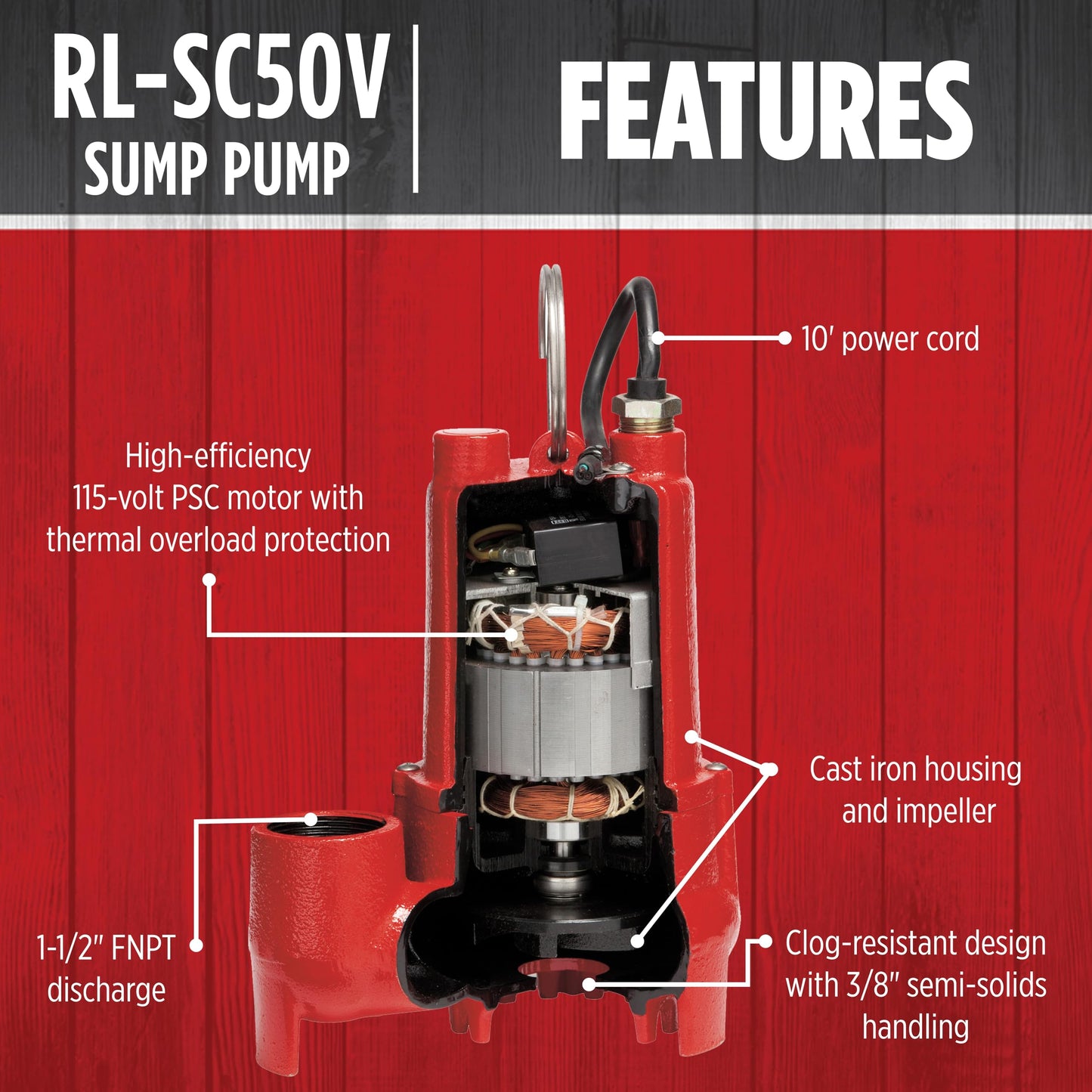 Red Lion RL-SC50V 115-Volt, 1/2 HP, 4300 GPH Cast Iron Sump Pump with Vertical Switch, 10-Ft. Cord, Red, 14942747 🍁 All In One Marketplace Canada