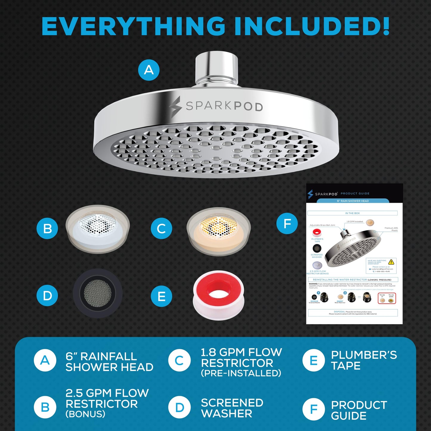 SparkPod Shower Head - High Pressure Rain - Premium Quality Luxury Design - 1-Min Install - Easy Clean Adjustable Replacement for Your Bathroom Shower Heads (Luxury Polished Chrome, 6 Inch Round) 🍁 All In One Marketplace Canada